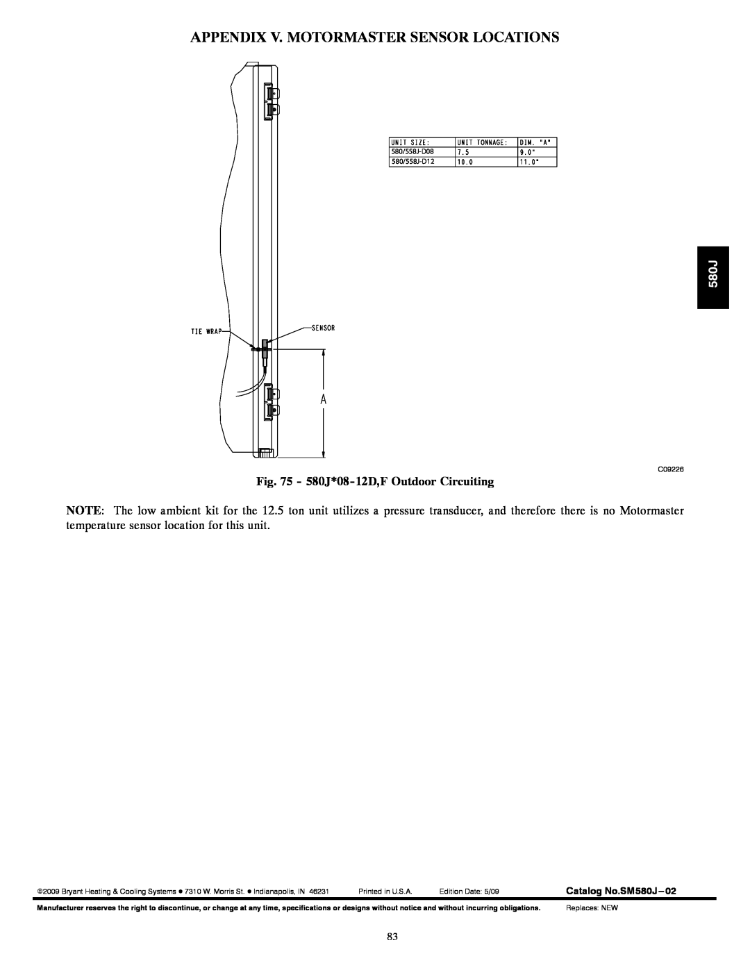 Bryant 580J*08--14D appendix Appendix V. Motormaster Sensor Locations, 580J*08-12D,FOutdoor Circuiting 