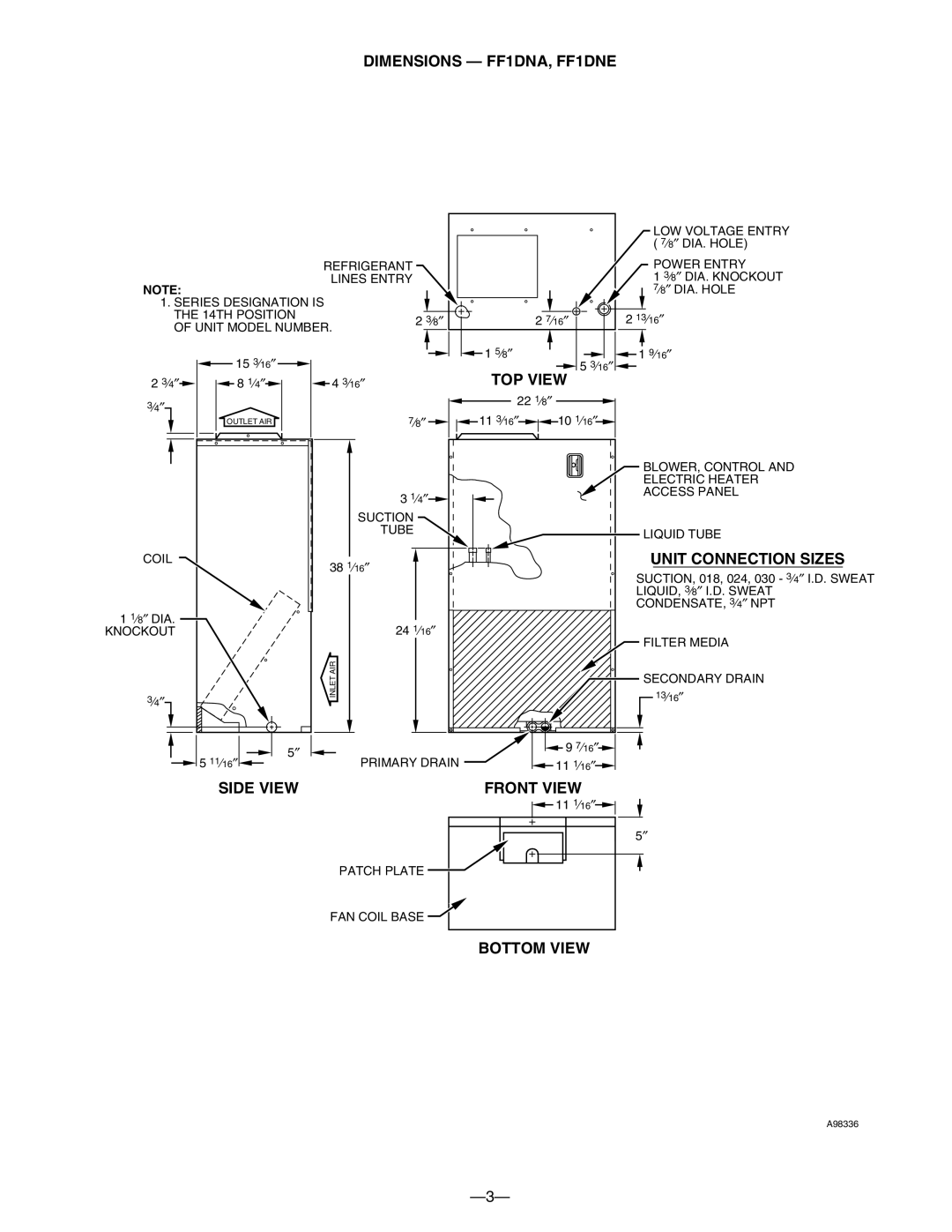 Bryant manual Dimensions FF1DNA, FF1DNE, TOP View, Unit Connection Sizes, Side View Front View, Bottom View 