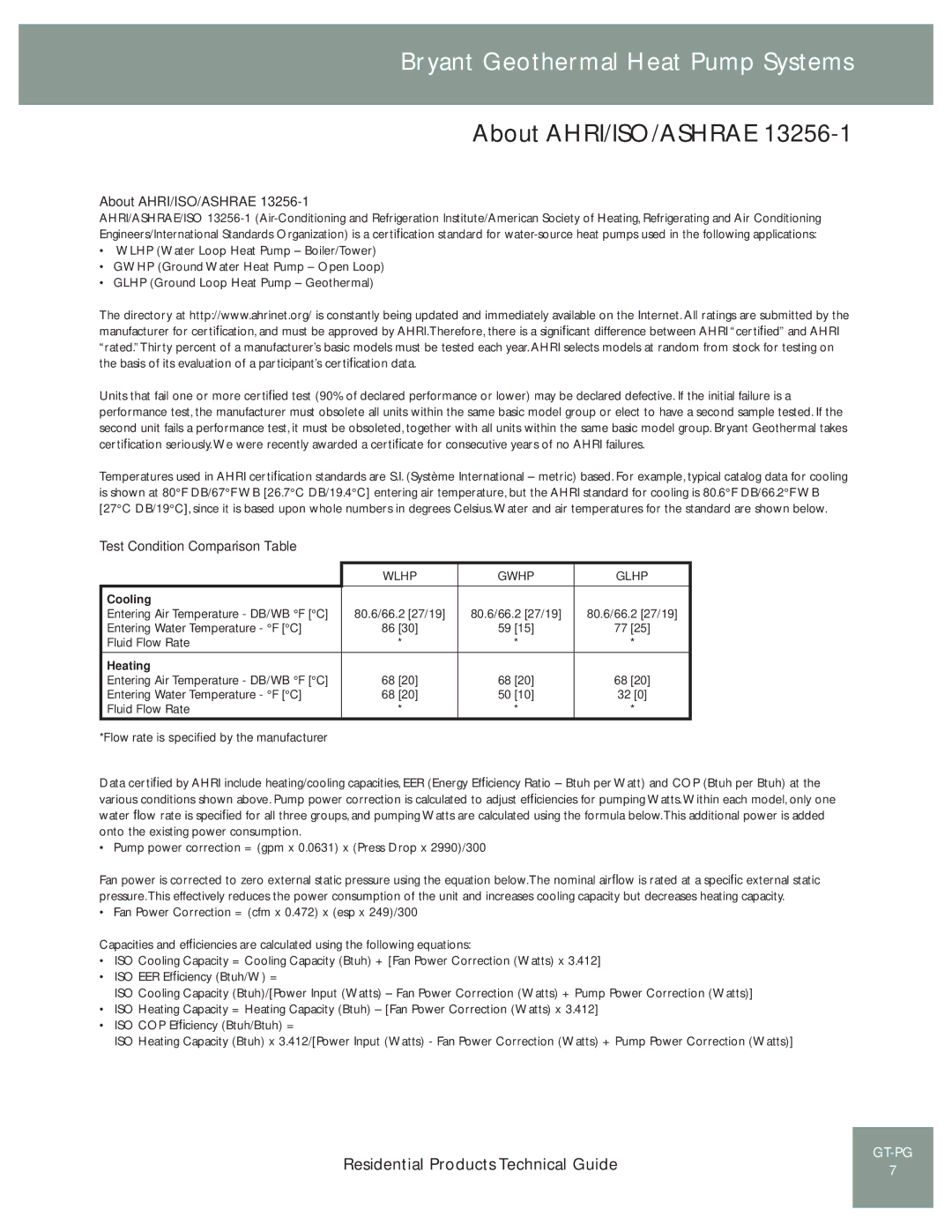 Bryant GT-PG (50YE) manual About AHRI/ISO/ASHRAE, Test Condition Comparison Table 