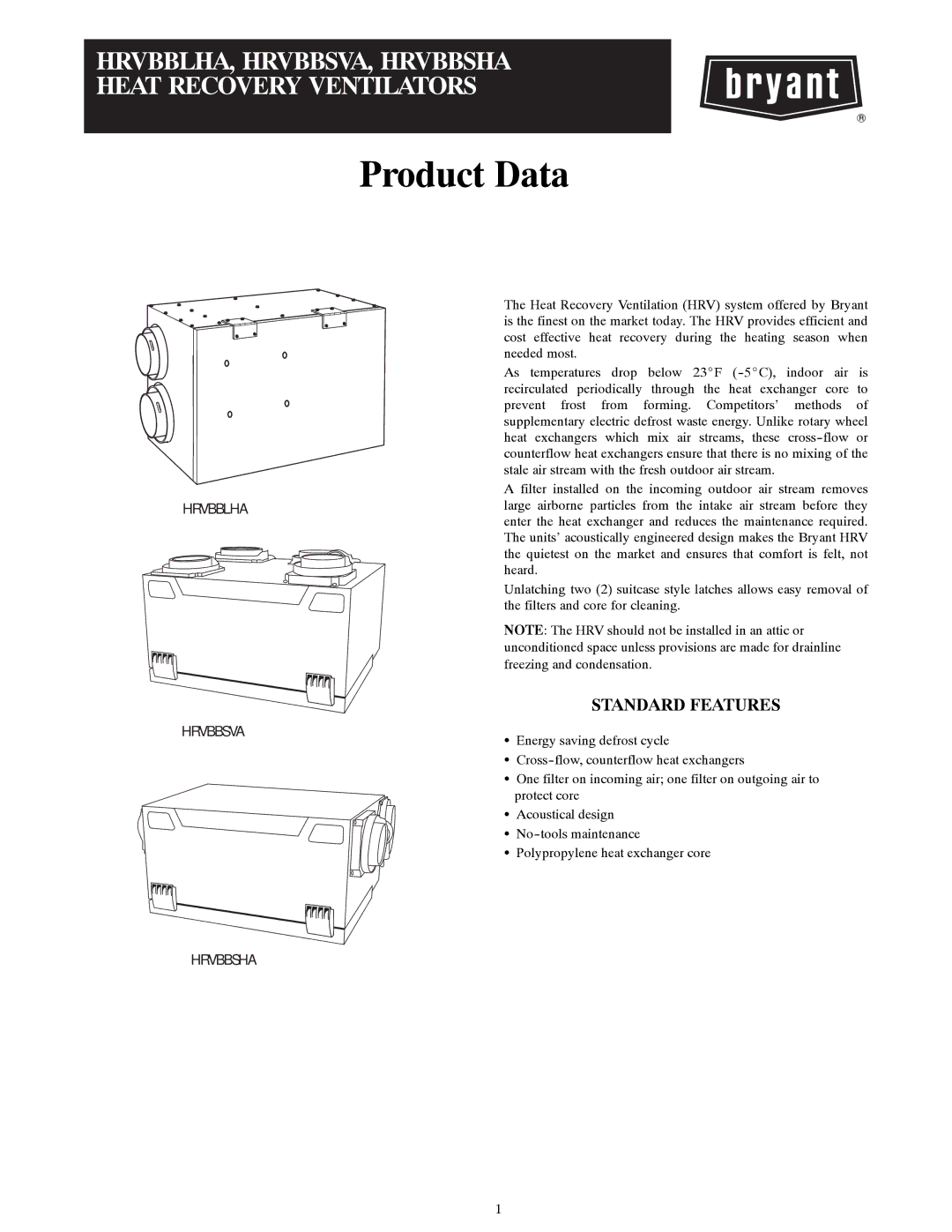 Bryant HRVBBSHA, HRVBBLHA, HRVBBSVA manual Product Data 