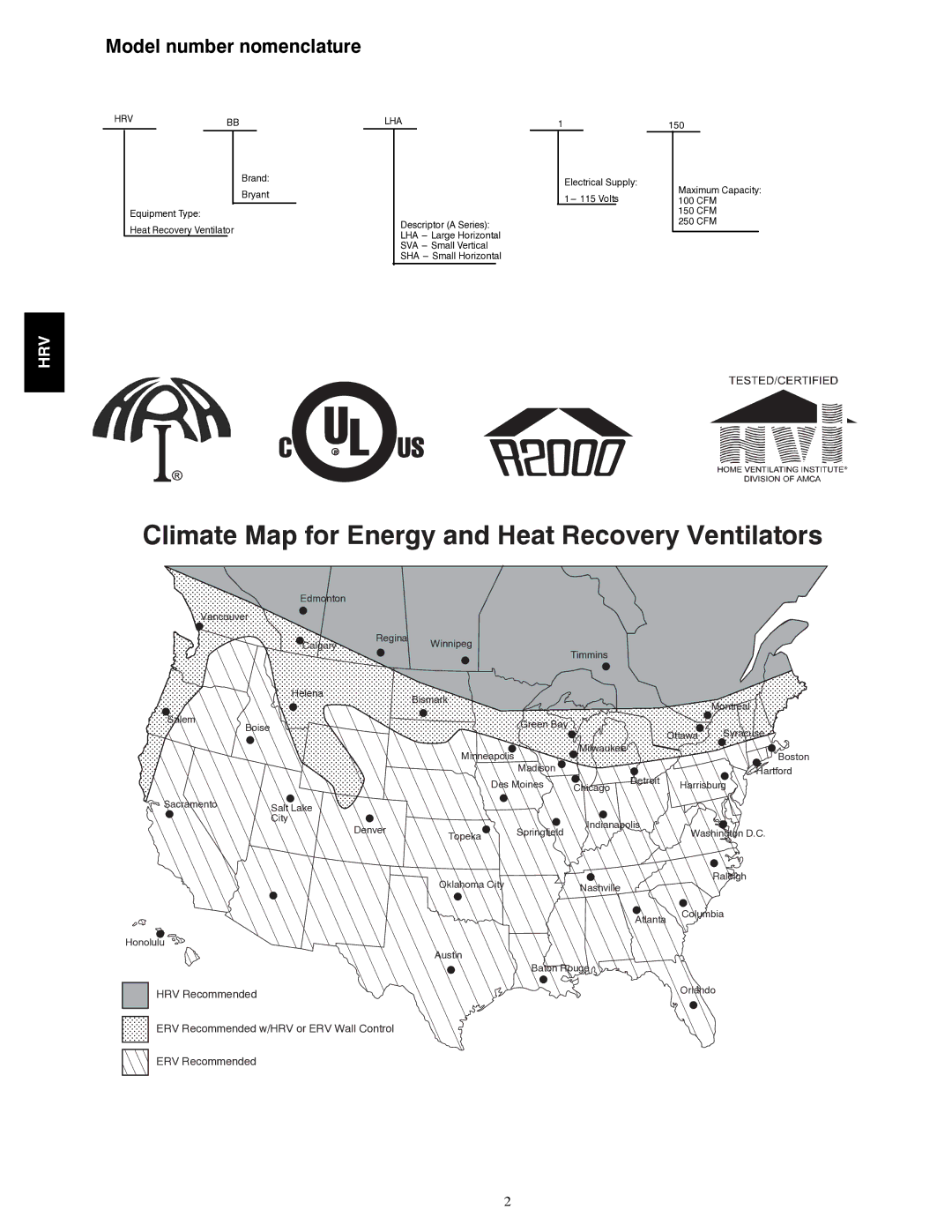 Bryant HRVBBSVA, HRVBBLHA, HRVBBSHA manual Climate Map for Energy and Heat Recovery Ventilators 