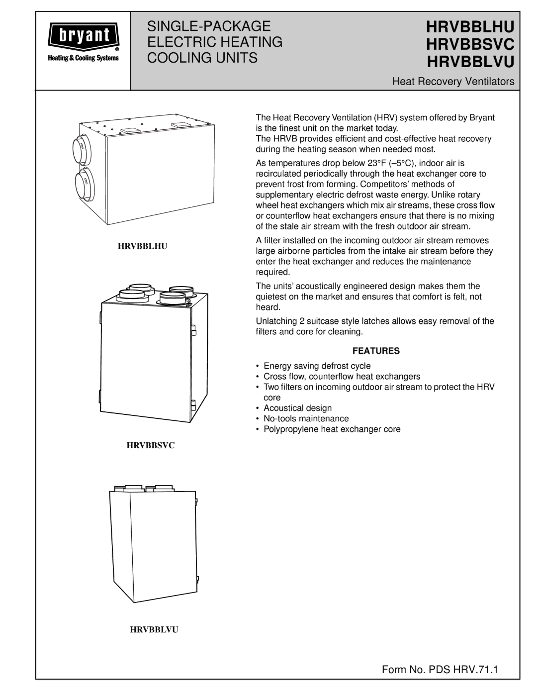 Bryant HRVBBLHU, HRVBBSVC, HRVBBLVU manual Hrvbblhu 