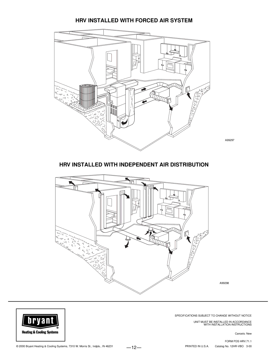 Bryant HRVBBSVC, HRVBBLHU, HRVBBLVU HRV Installed with Forced AIR System, HRV Installed with Independent AIR Distribution 