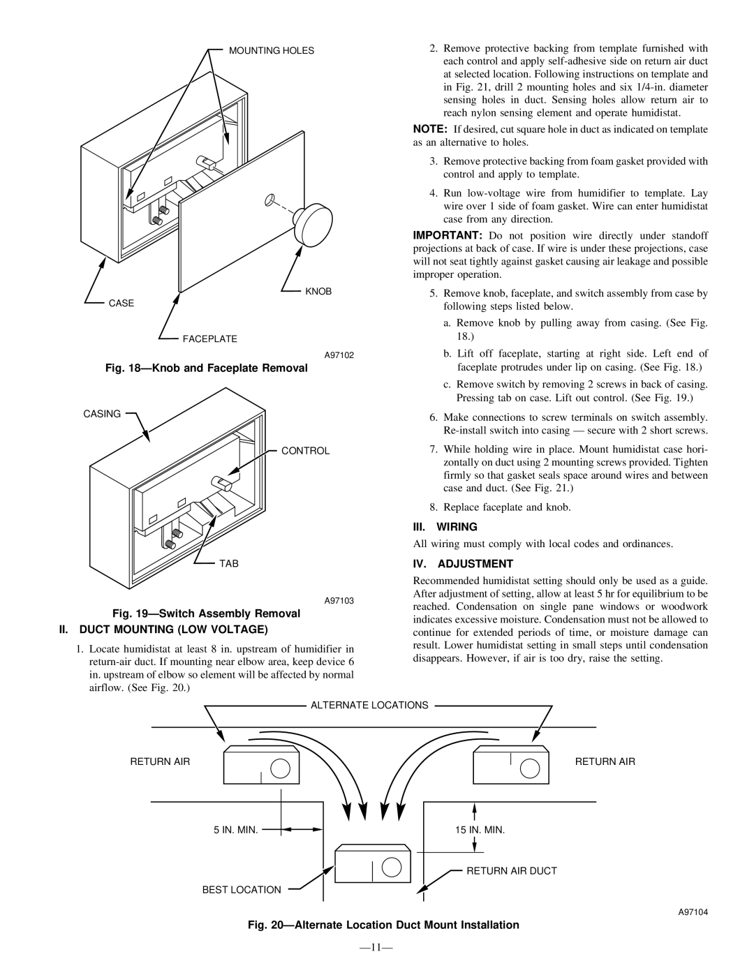 Bryant HUM-56-1 manual II. Duct Mounting LOW Voltage, III. Wiring, IV. Adjustment 