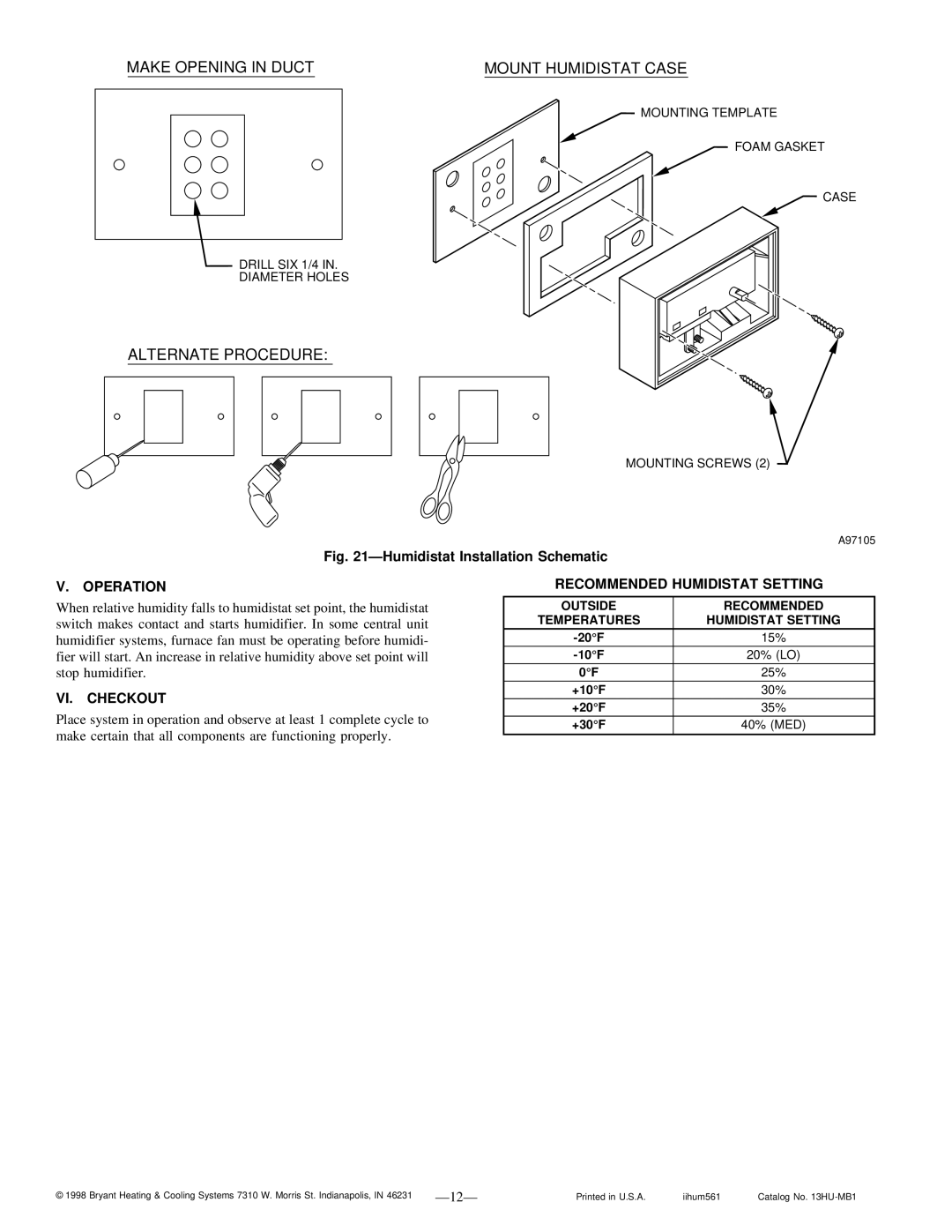 Bryant HUM-56-1 manual Operation, VI. Checkout, Recommended Humidistat Setting 