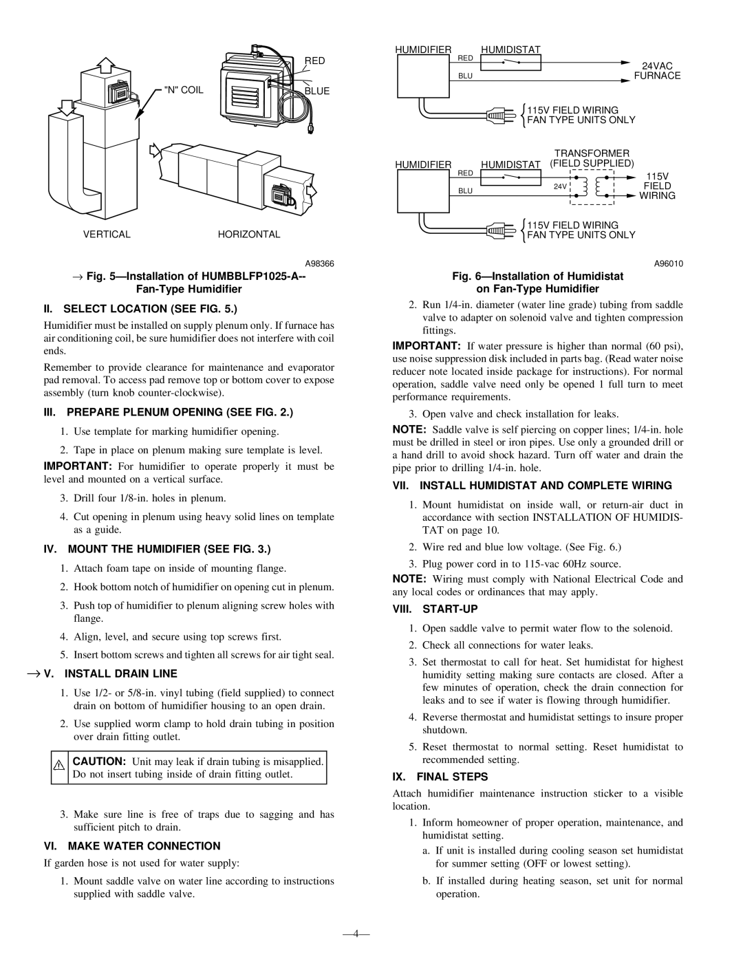 Bryant HUM-56-1 manual → V. Install Drain Line, VI. Make Water Connection, VII. Install Humidistat and Complete Wiring 