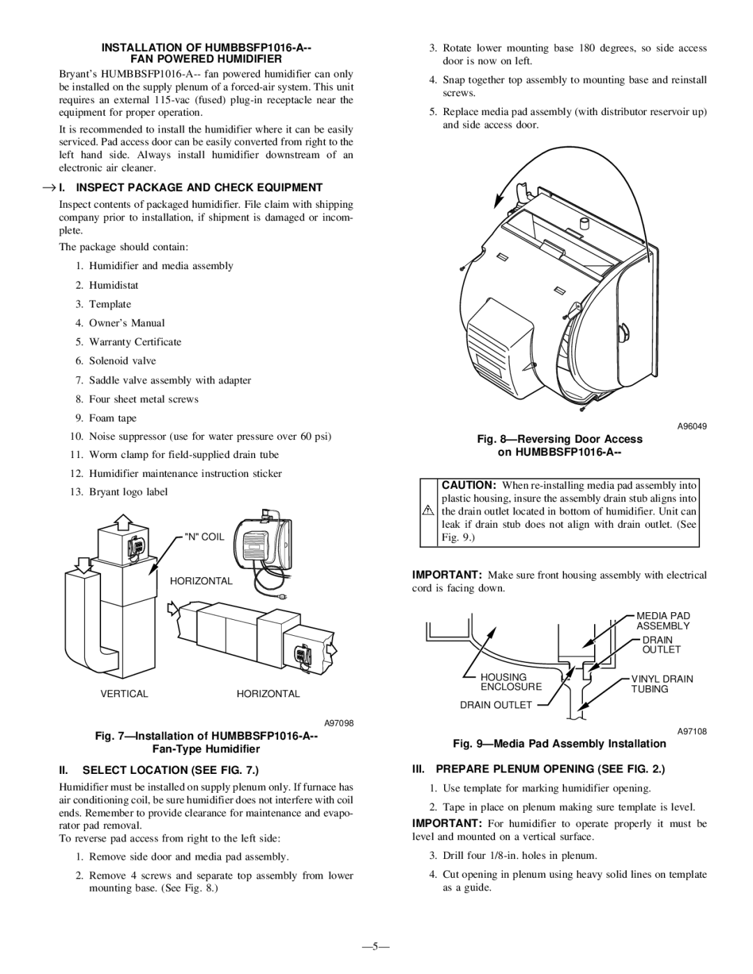 Bryant HUM-56-1 manual Installation of HUMBBSFP1016-A FAN Powered Humidifier, Ð5Ð 