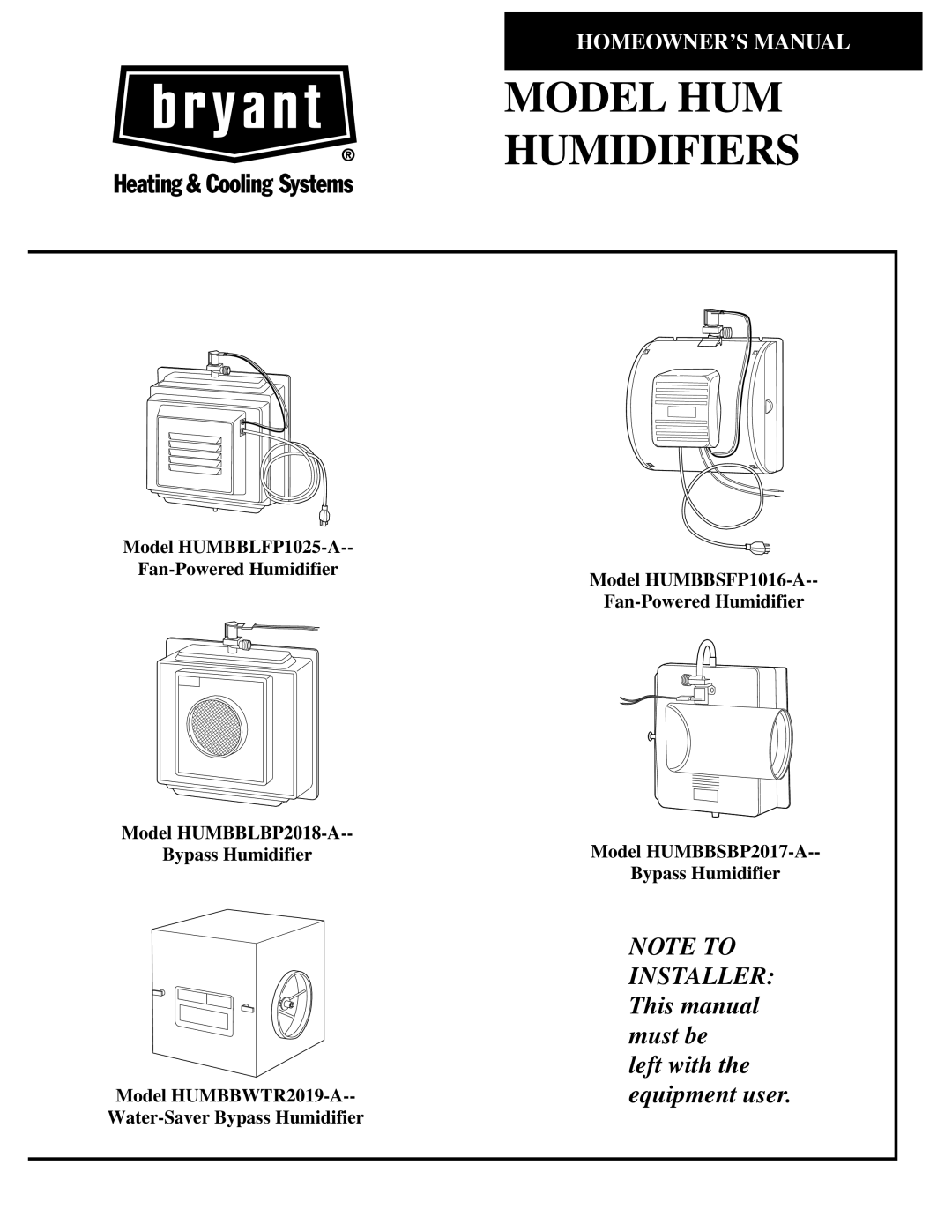 Bryant HUMBBBP2018-A owner manual Model HUM Humidifiers 