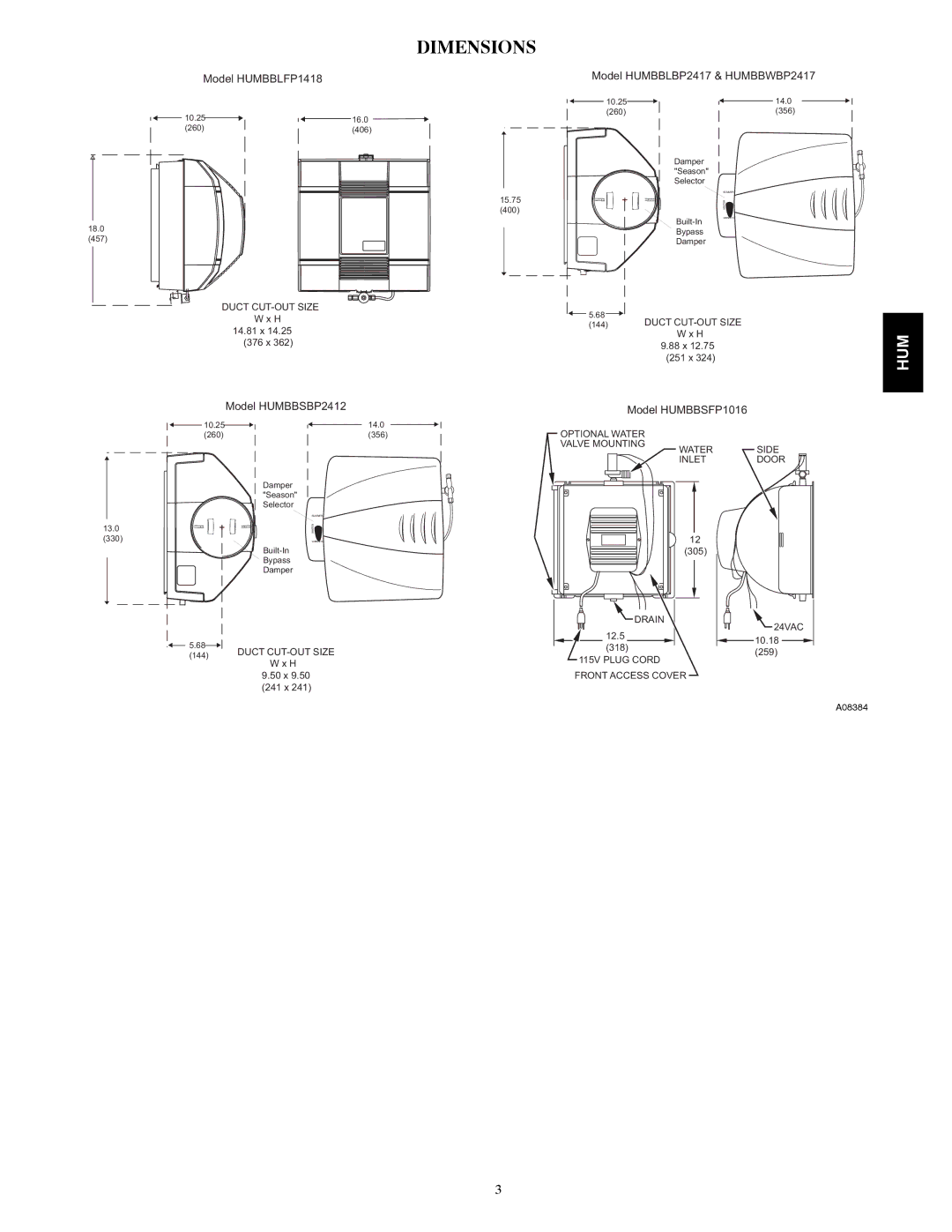 Bryant HUMBBSBP2412 manual Dimensions, Model HUMBBLFP1418 Model HUMBBLBP2417 & HUMBBWBP2417 