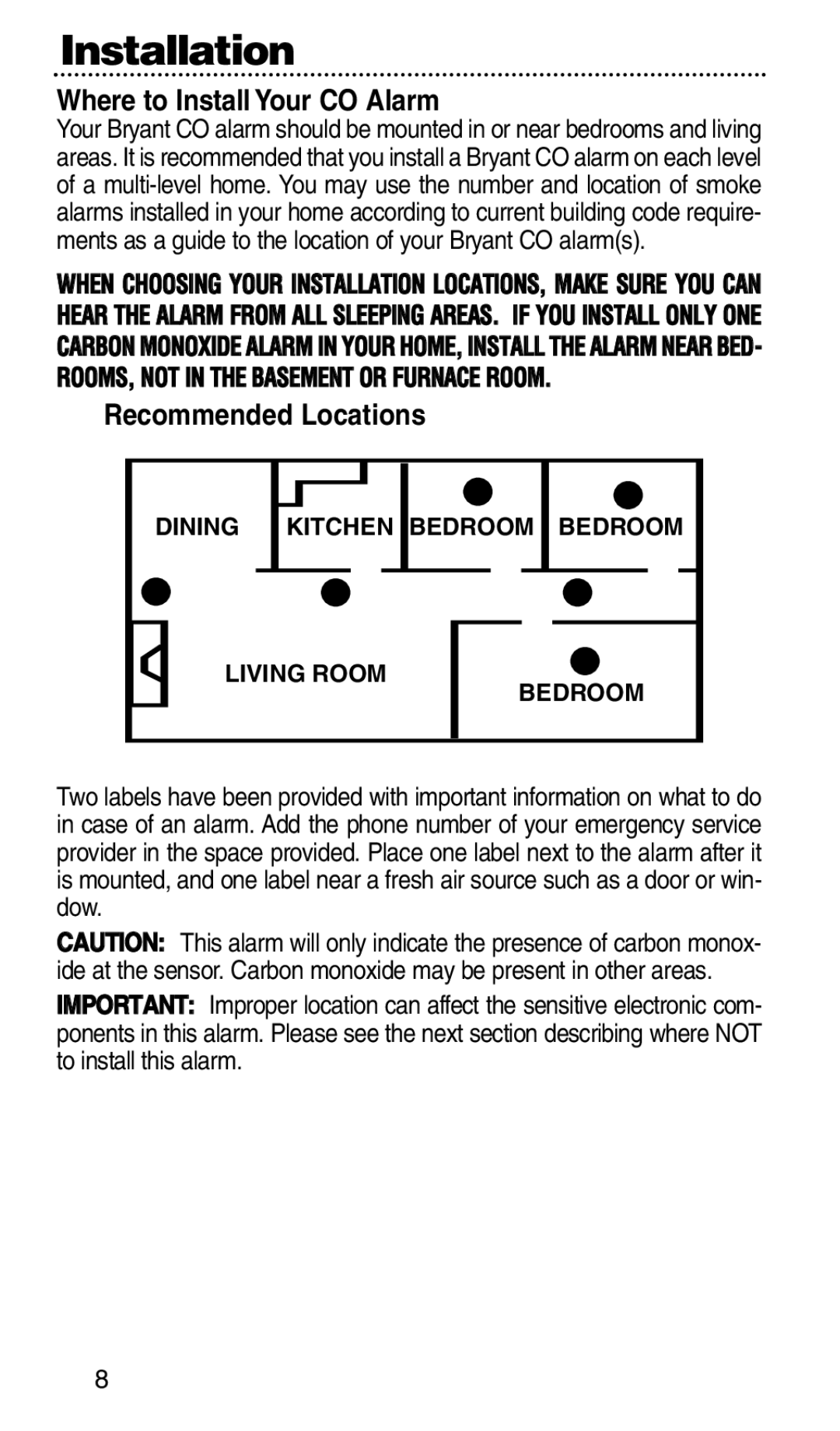 Bryant KNCGPP3RC manual Installation, Where to Install Your CO Alarm, Recommended Locations 