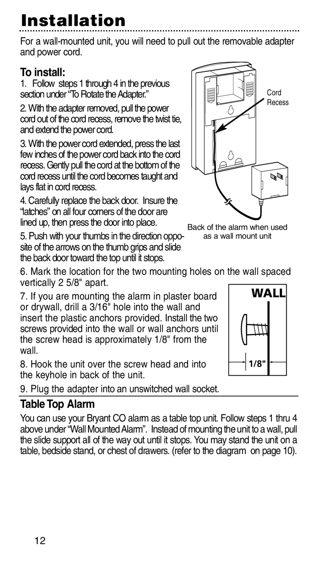 Bryant KNCGPP3RC manual Table Top Alarm, Wall 