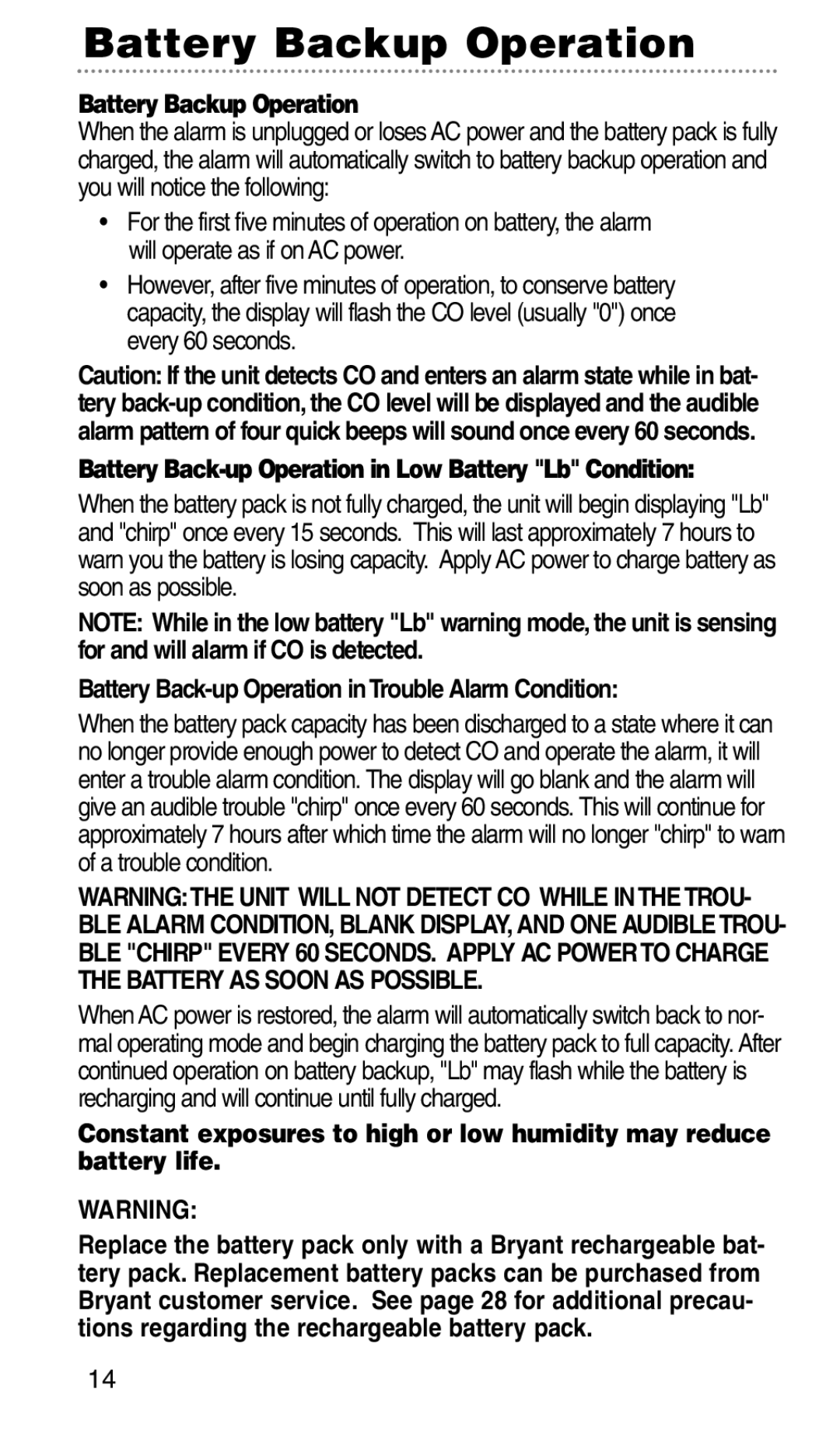 Bryant KNCGPP3RC manual Battery Backup Operation, Battery Back-up Operation in Low Battery Lb Condition 