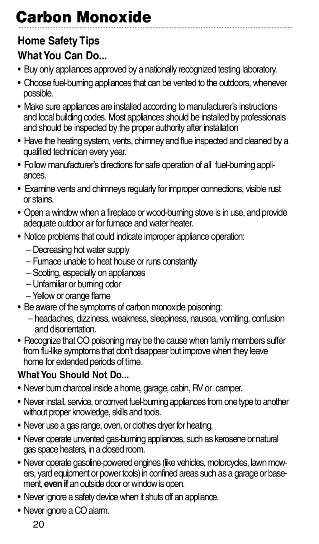 Bryant KNCGPP3RC manual Carbon Monoxide, Home Safety Tips What You Can Do, What You Should Not Do 