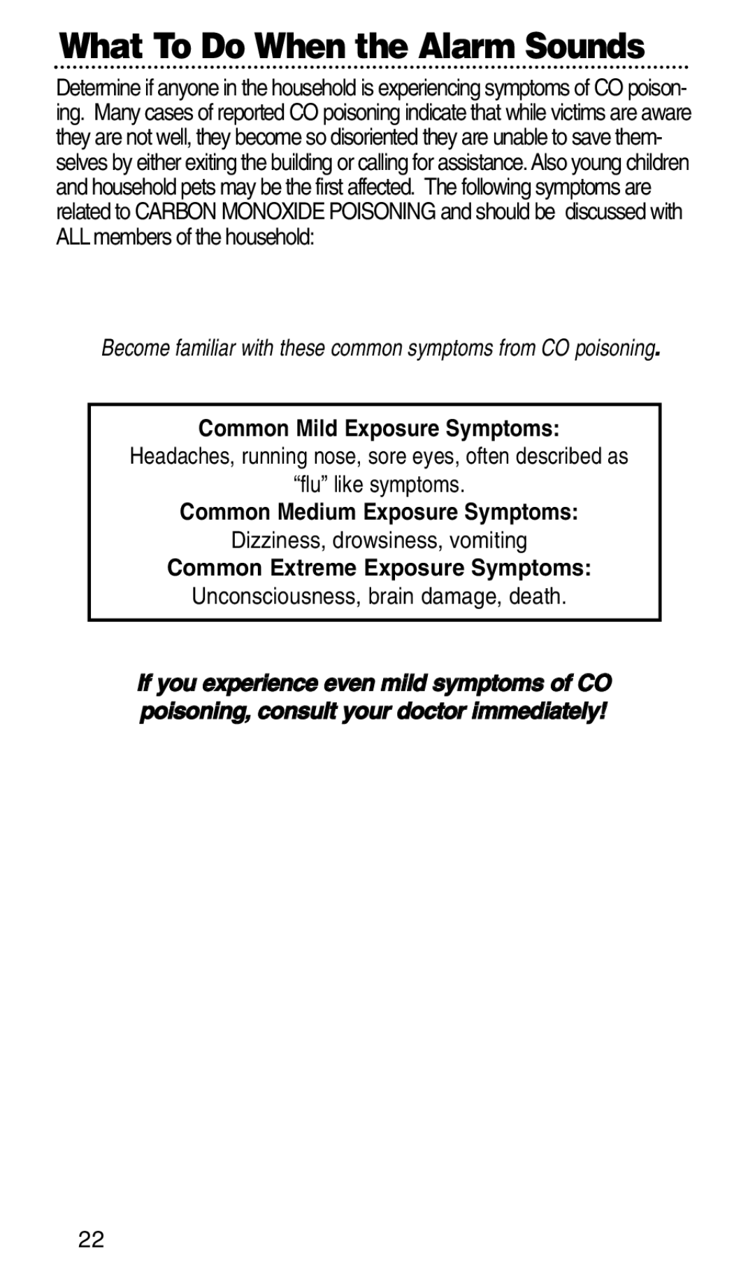 Bryant KNCGPP3RC manual What To Do When the Alarm Sounds, Common Mild Exposure Symptoms, Common Medium Exposure Symptoms 