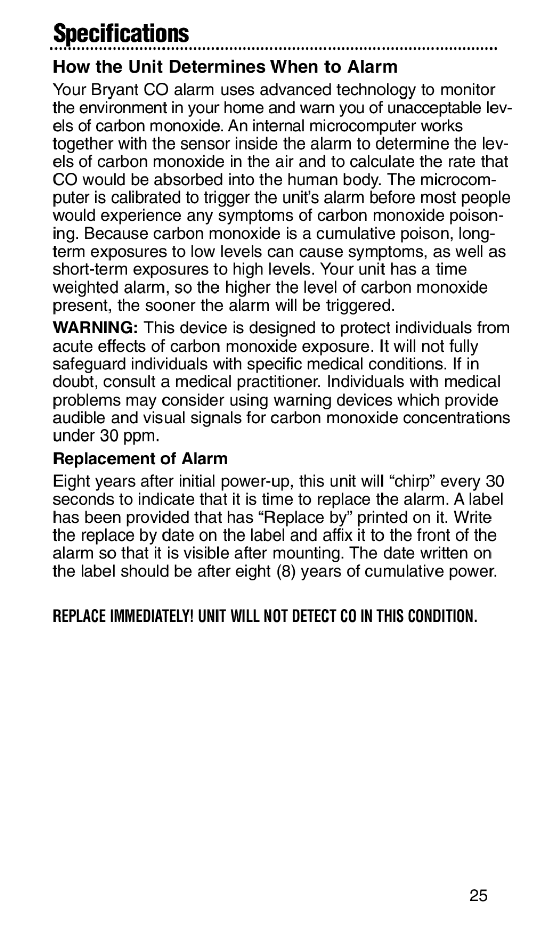 Bryant KNCGPP3RC manual Specifications, How the Unit Determines When to Alarm, Replacement of Alarm 