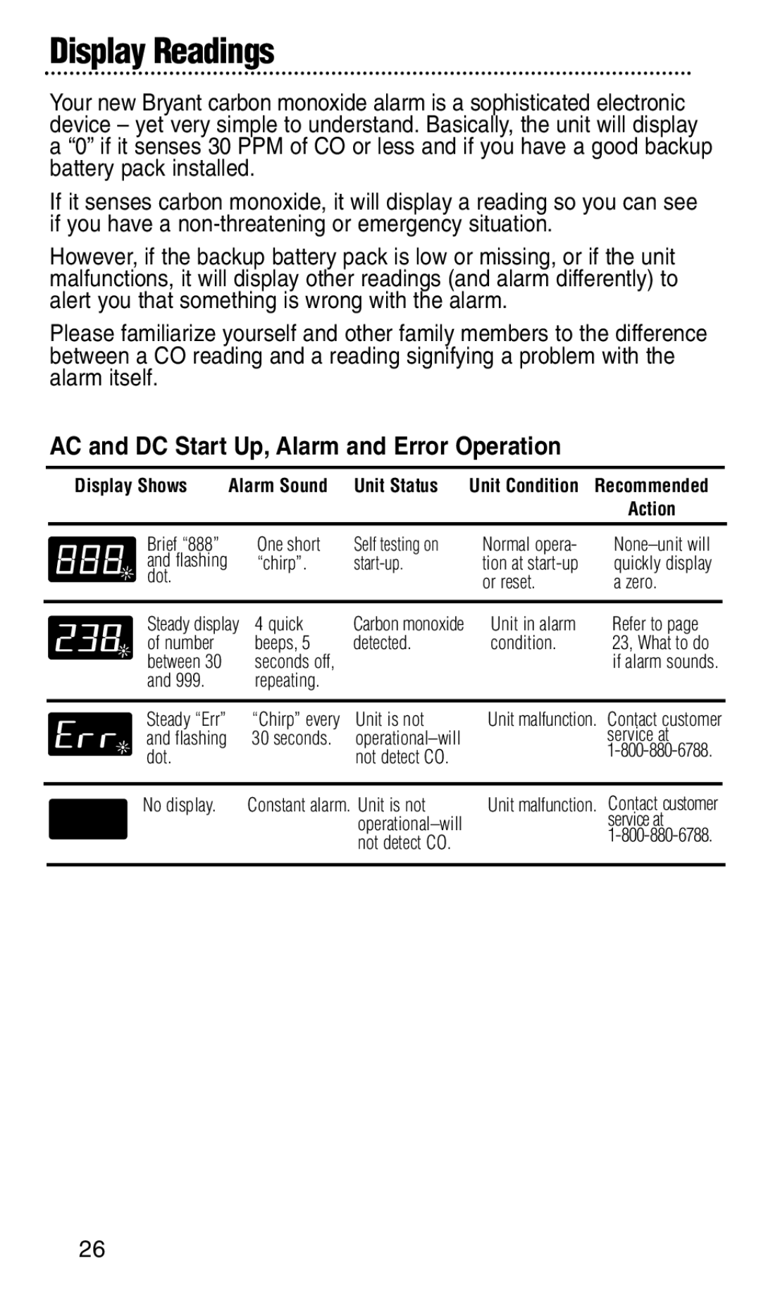 Bryant KNCGPP3RC manual Display Readings, AC and DC Start Up, Alarm and Error Operation 