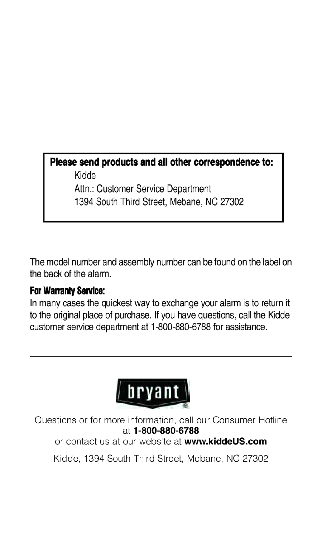 Bryant KNCGPP3RC manual Please send products and all other correspondence to, For Warranty Service 