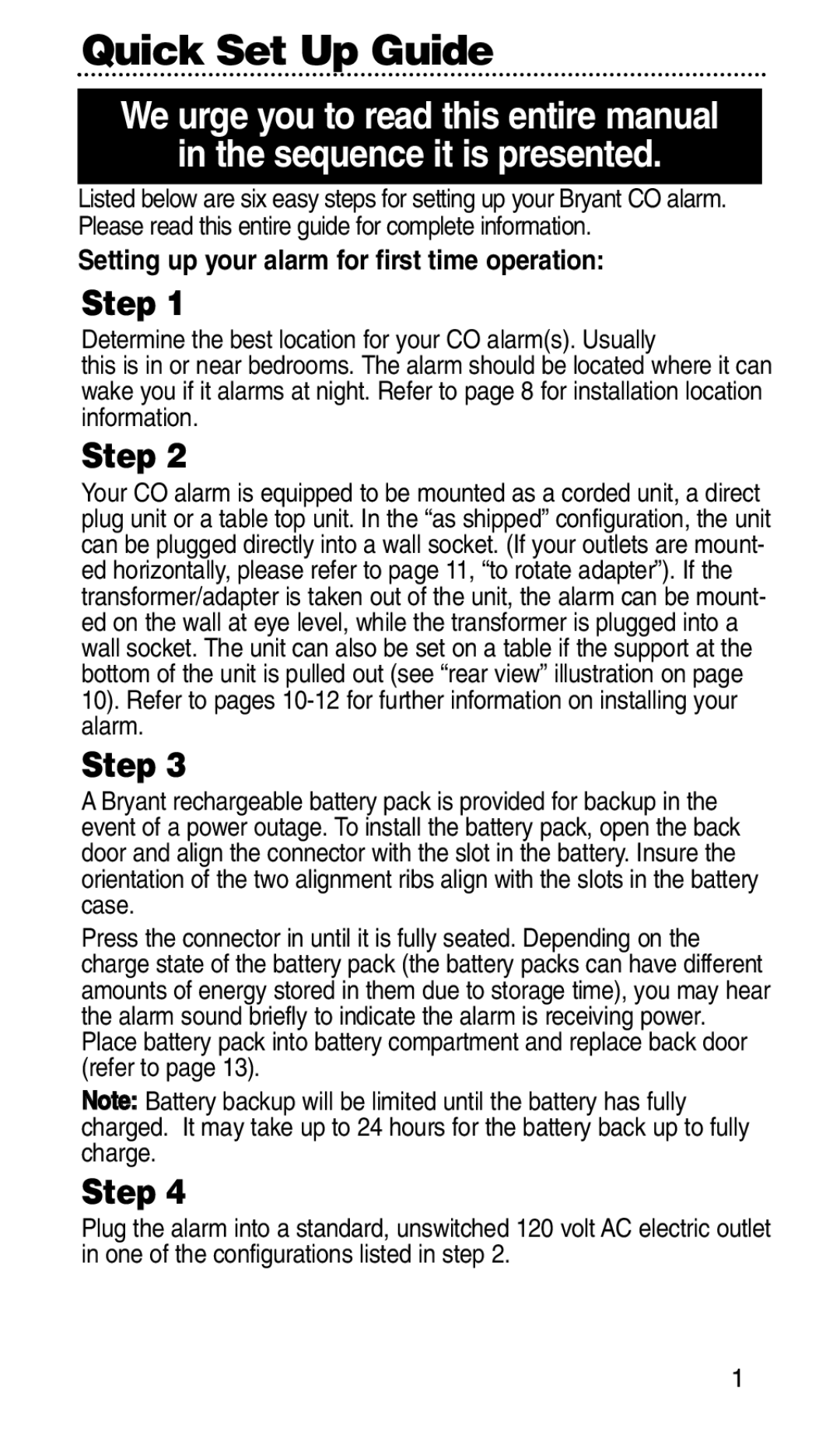 Bryant KNCGPP3RC manual Quick Set Up Guide, Setting up your alarm for first time operation 