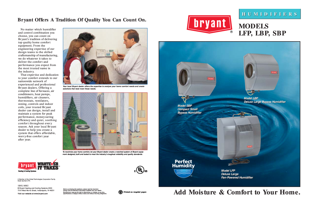 Bryant SBP specifications Models Lfp, Lbp, Sbp, Add Moisture & Comfort to Your Home, H U M I D I F I E R S, the industry 