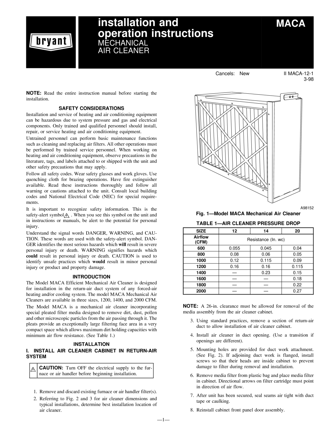 Bryant MACA instruction manual Safety Considerations, Introduction, Ðair Cleaner Pressure Drop, Ð1Ð 