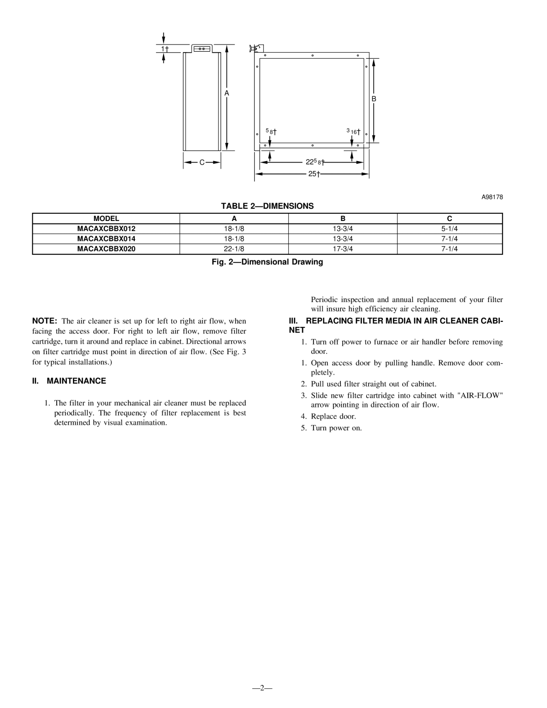 Bryant MACA instruction manual Ðdimensions, II. Maintenance, III. Replacing Filter Media in AIR Cleaner Cabi NET, Ð2Ð 