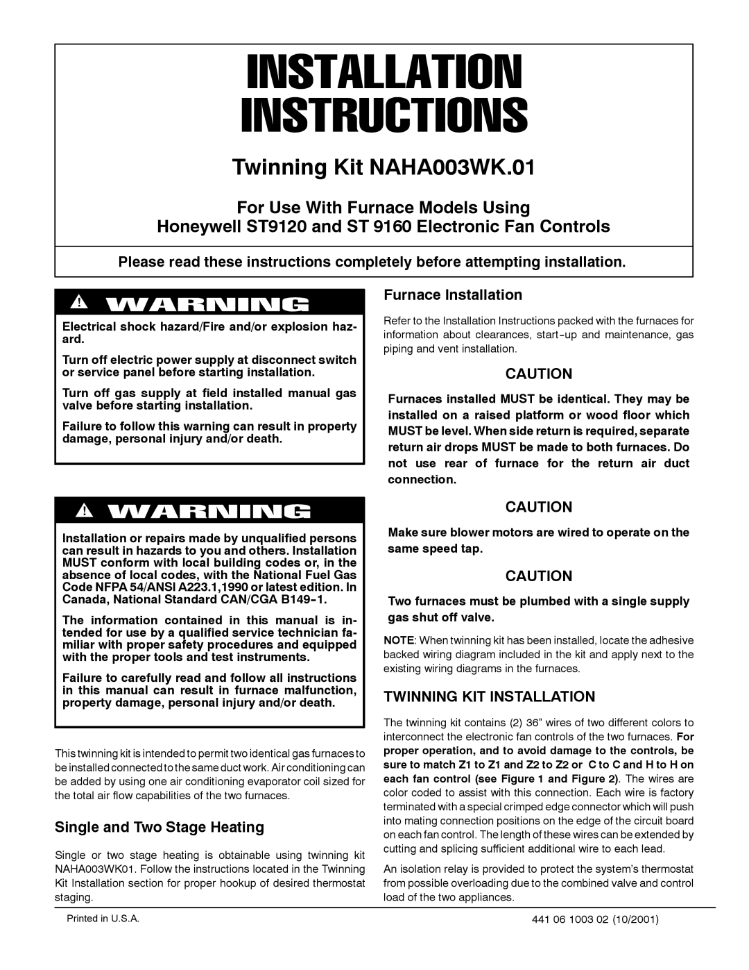 Bryant installation instructions Twinning Kit NAHA003WK.01 