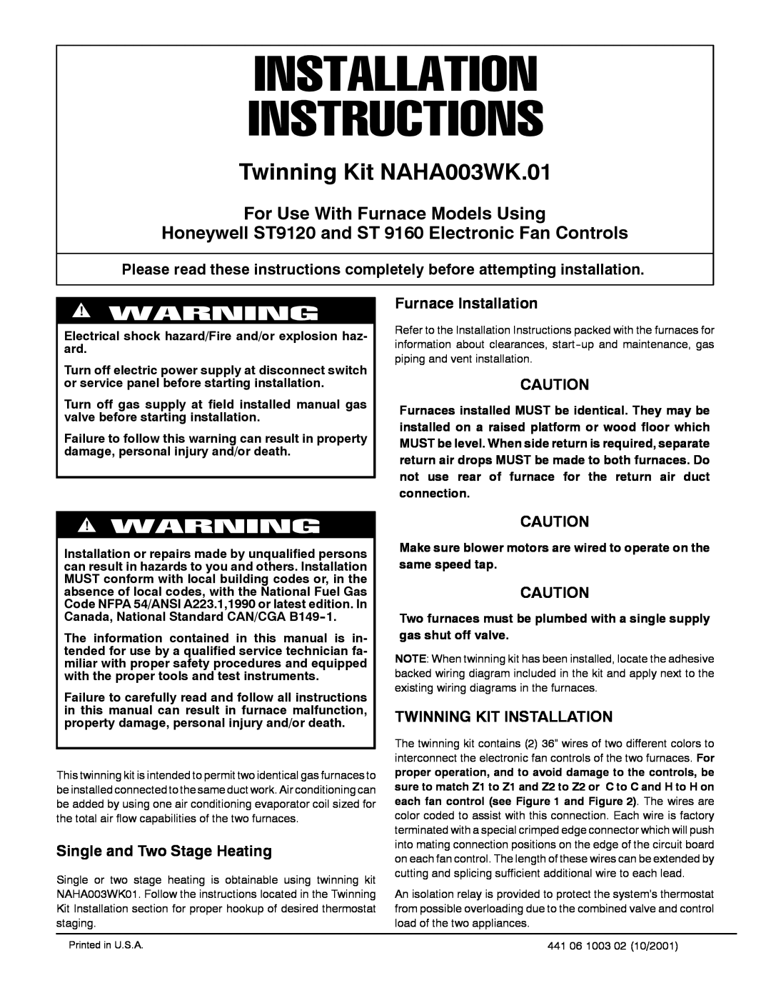 Bryant NAHA003WK.01 installation instructions Furnace Installation, Single and Two Stage Heating 