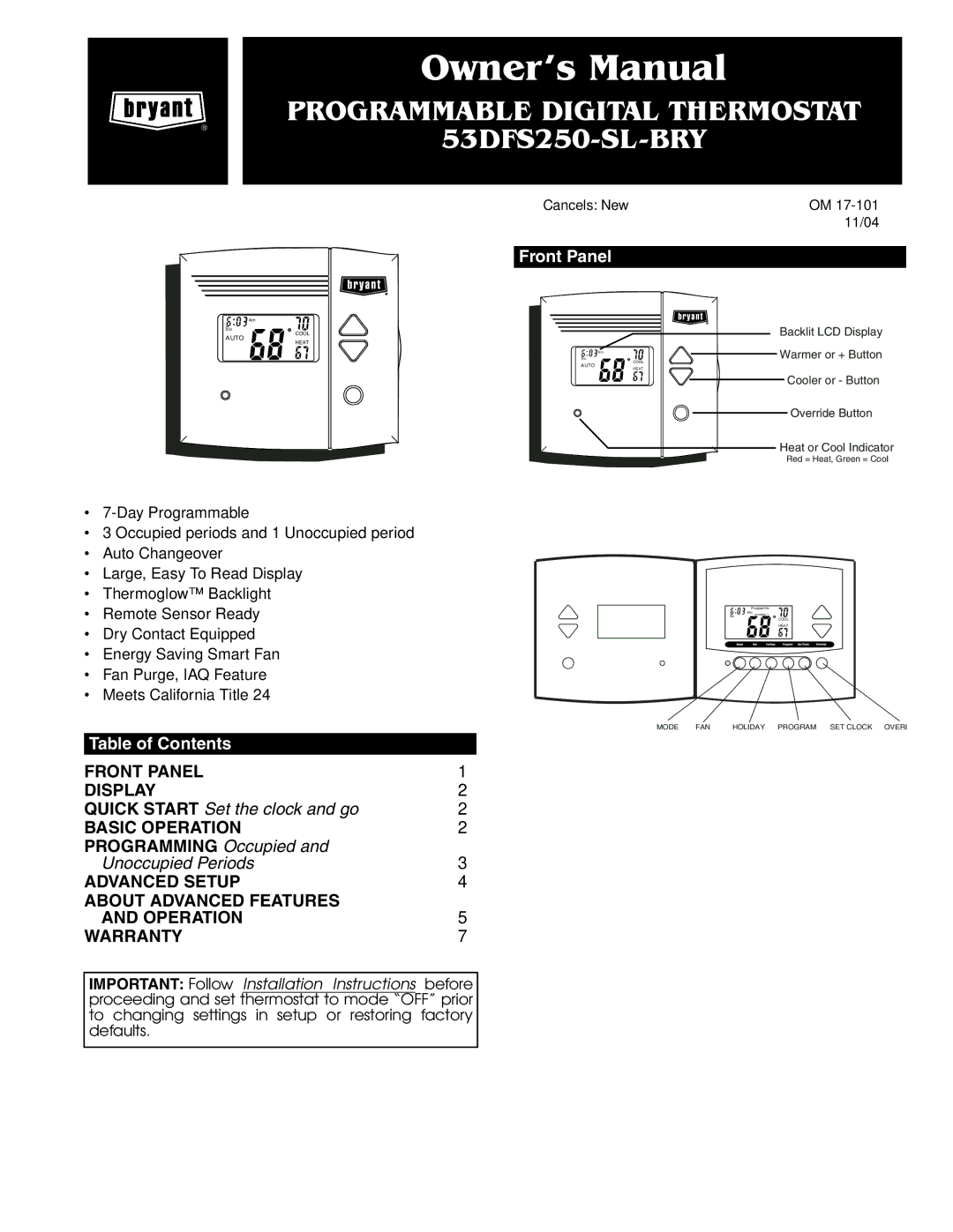 Bryant OM 17-101 quick start Table of Contents, Front Panel 