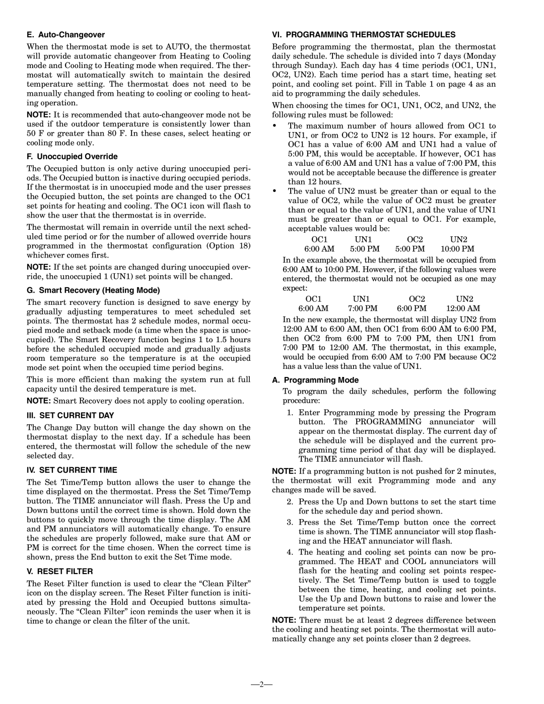 Bryant OM TSTAT-1 manual III. SET Current DAY, IV. SET Current Time, Reset Filter, VI. Programming Thermostat Schedules 