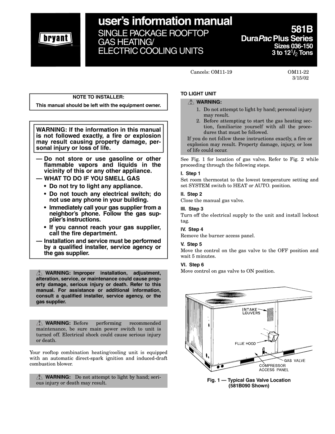 Bryant OM11-19 manual To Light Unit 