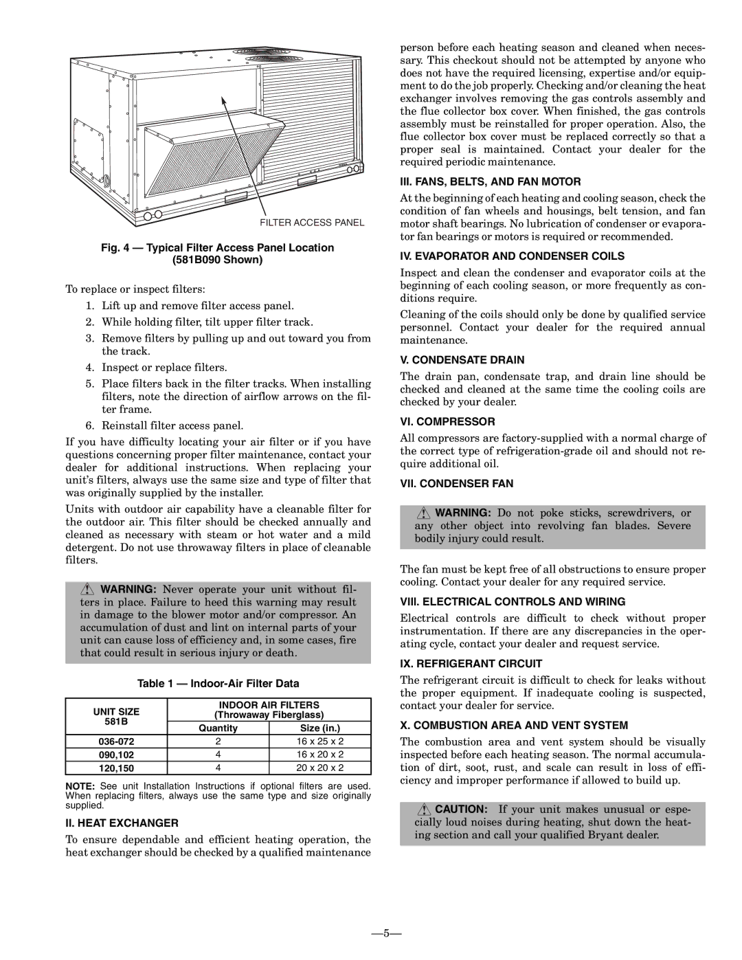 Bryant OM11-19 II. Heat Exchanger, III. FANS, BELTS, and FAN Motor, IV. Evaporator and Condenser Coils, Condensate Drain 