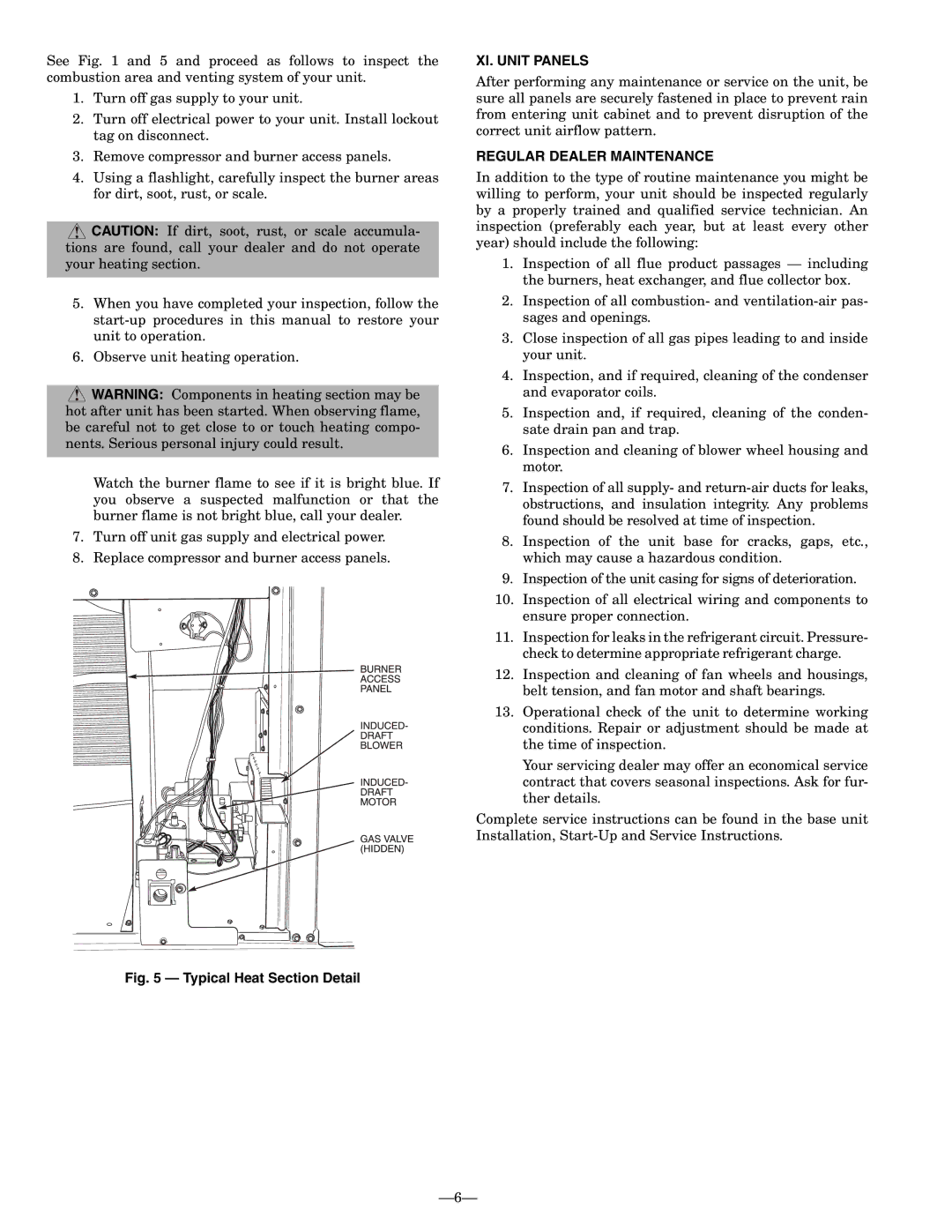 Bryant OM11-19 manual XI. Unit Panels, Regular Dealer Maintenance 