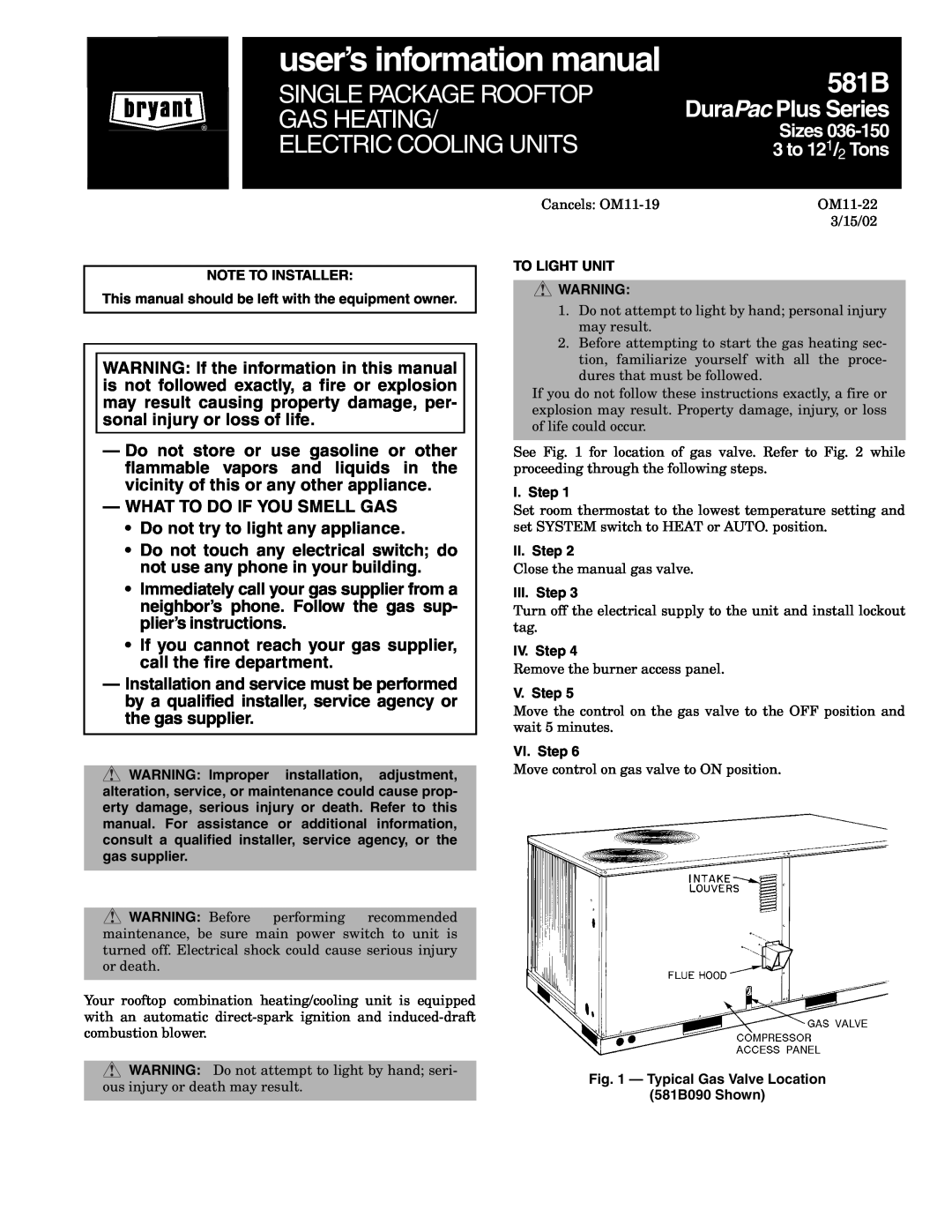 Bryant OM11-19 manual user’s information manual, 581B, Single Package Rooftop, Gas Heating, Electric Cooling Units, Sizes 