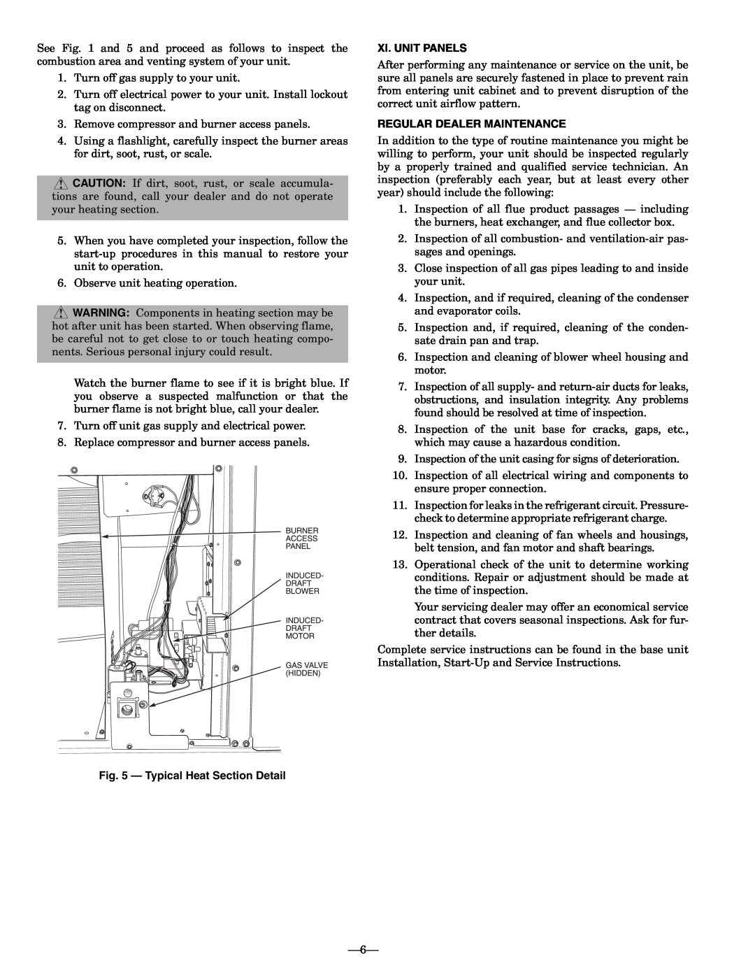 Bryant OM11-19 manual Xi. Unit Panels, Regular Dealer Maintenance, Typical Heat Section Detail 