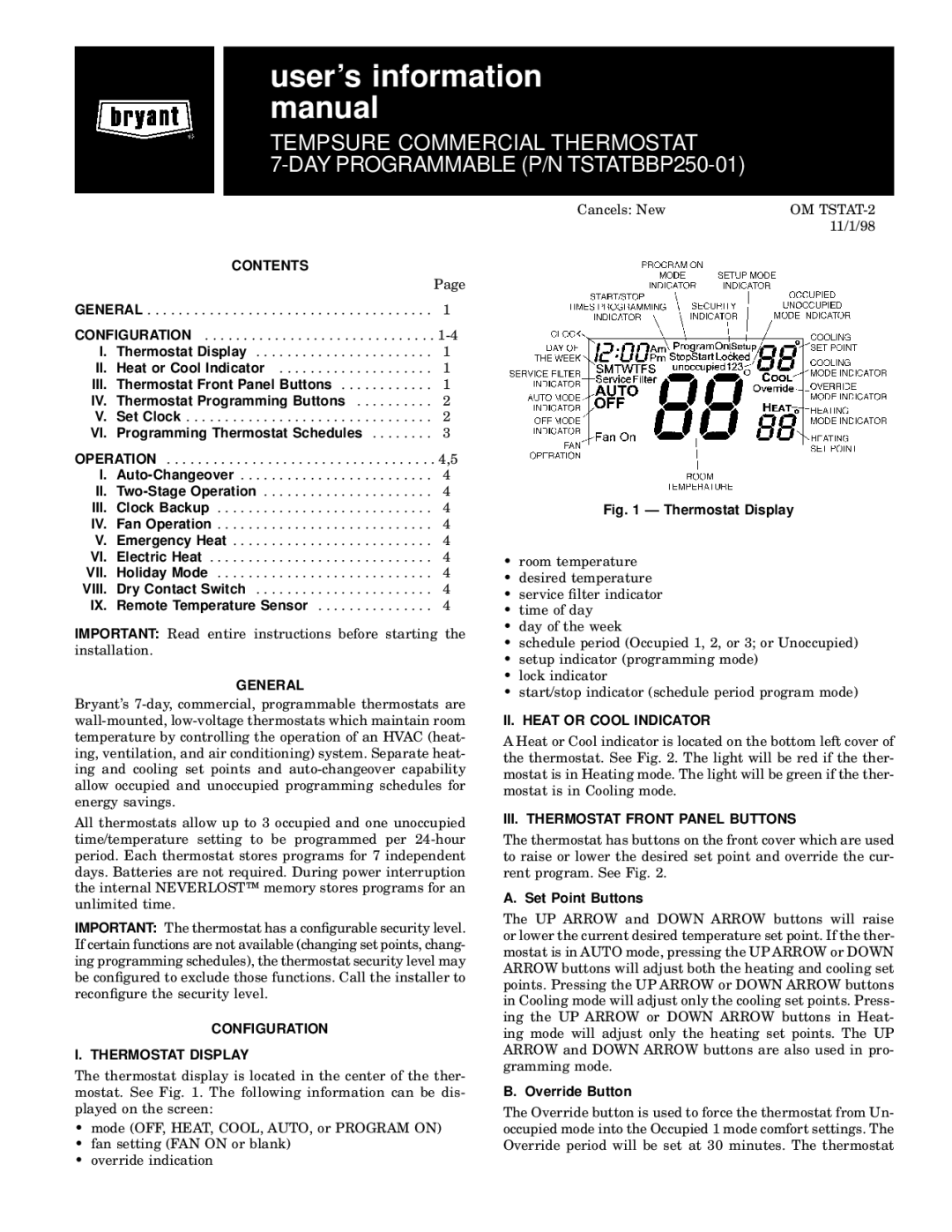 Bryant P manual Contents, General, Configuration Thermostat Display, II. Heat or Cool Indicator 