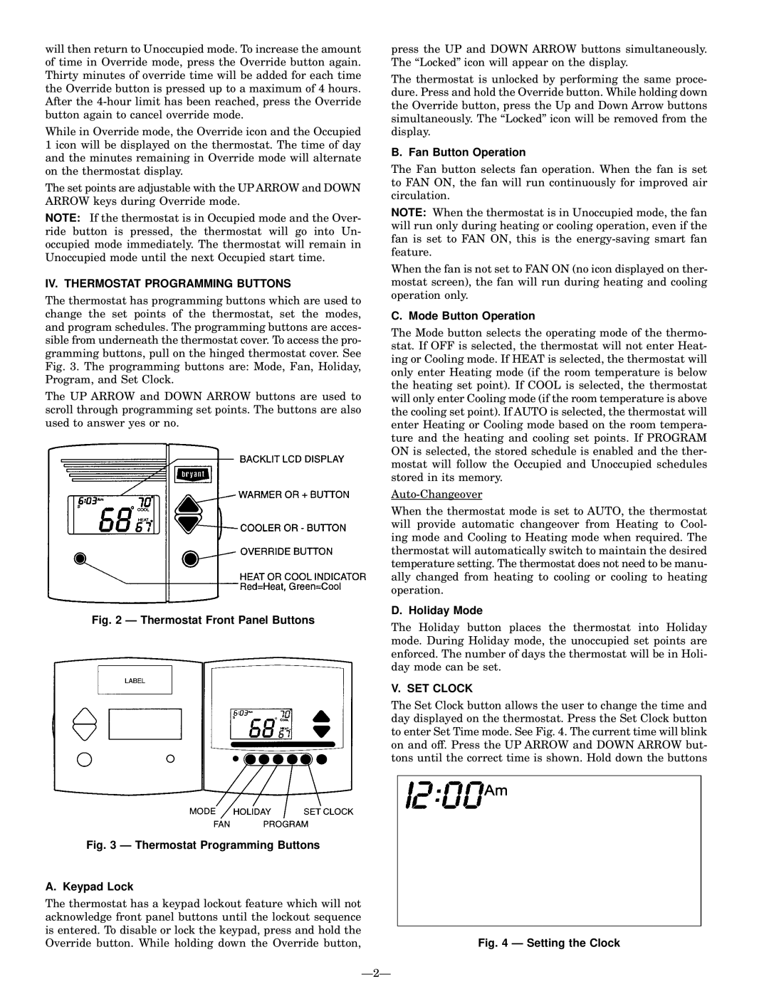 Bryant manual IV. Thermostat Programming Buttons, Fan Button Operation, Mode Button Operation, Holiday Mode, SET Clock 