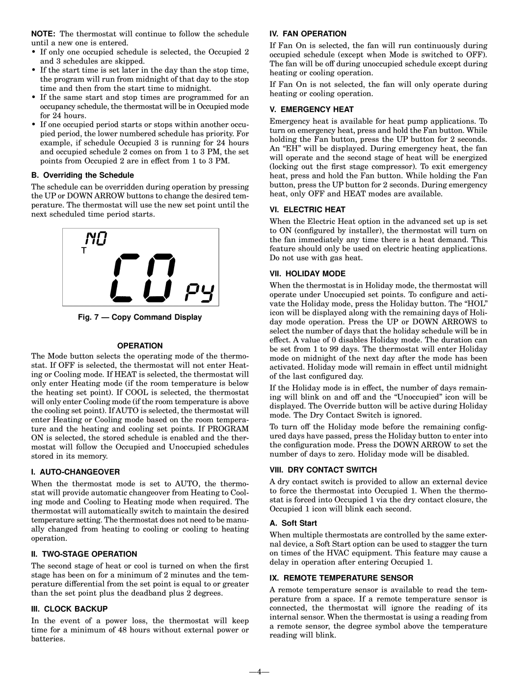 Bryant P manual Auto-Changeover, II. TWO-STAGE Operation, III. Clock Backup, IV. FAN Operation, Emergency Heat 