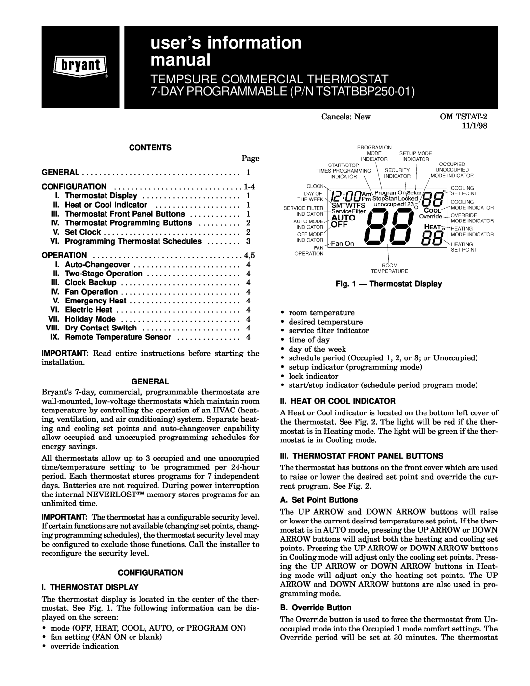 Bryant P manual Contents, General, Configuration I. Thermostat Display, Ð Thermostat Display, Ii. Heat Or Cool Indicator 