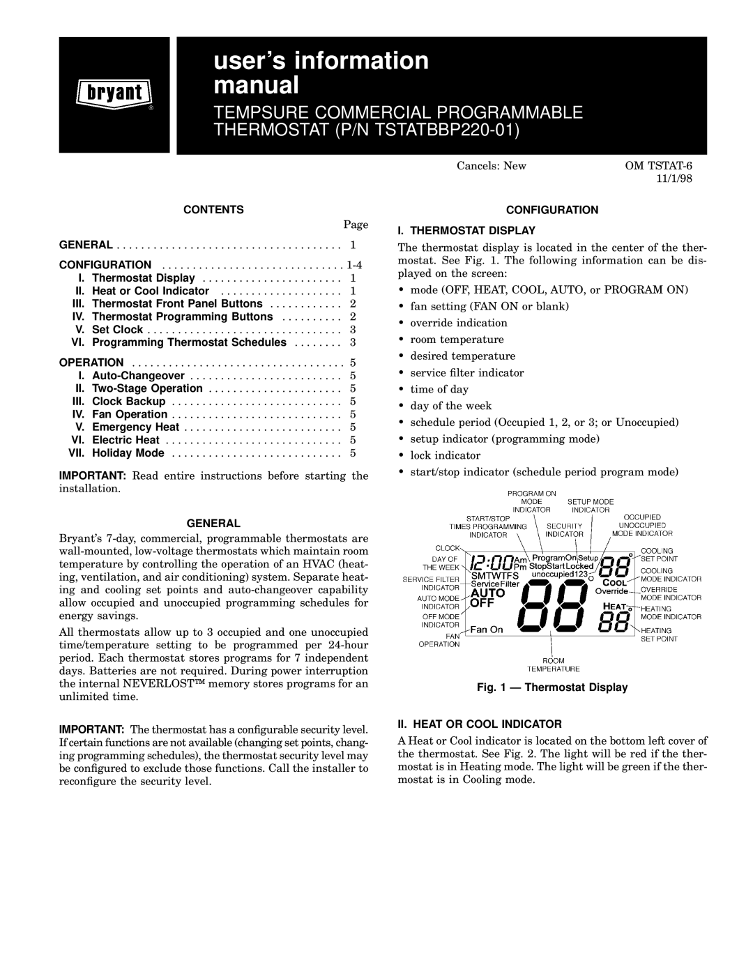 Bryant P/N TSTATBBP220-01 manual Contents, General, Configuration Thermostat Display, II. Heat or Cool Indicator 