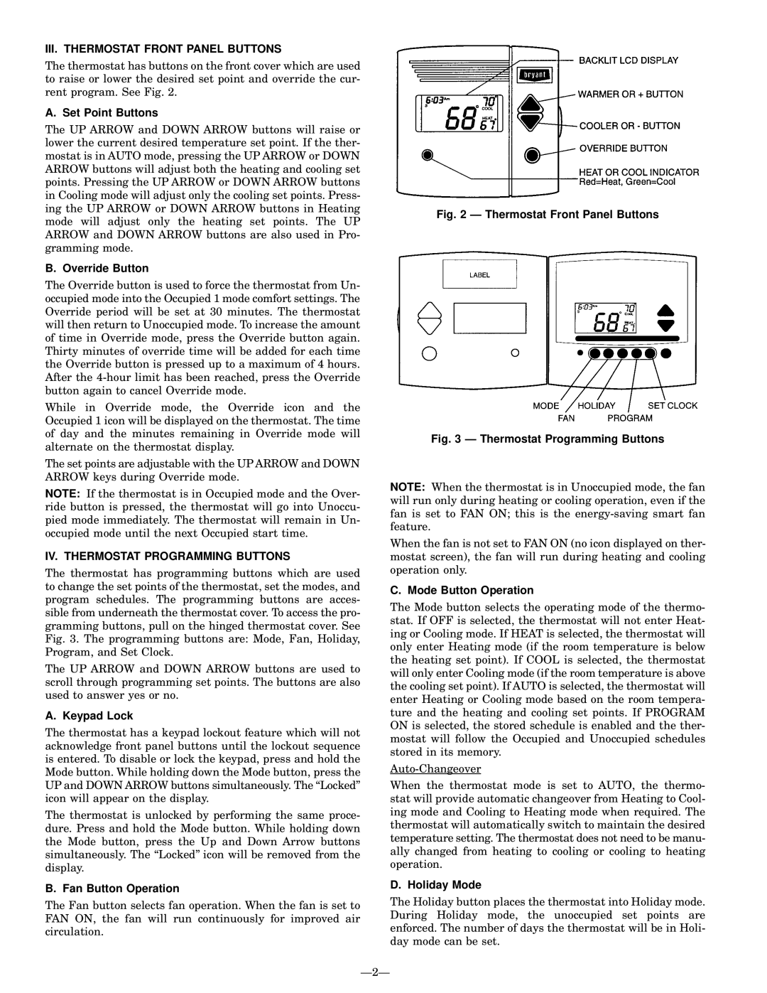 Bryant P/N TSTATBBP220-01 manual III. Thermostat Front Panel Buttons, IV. Thermostat Programming Buttons 