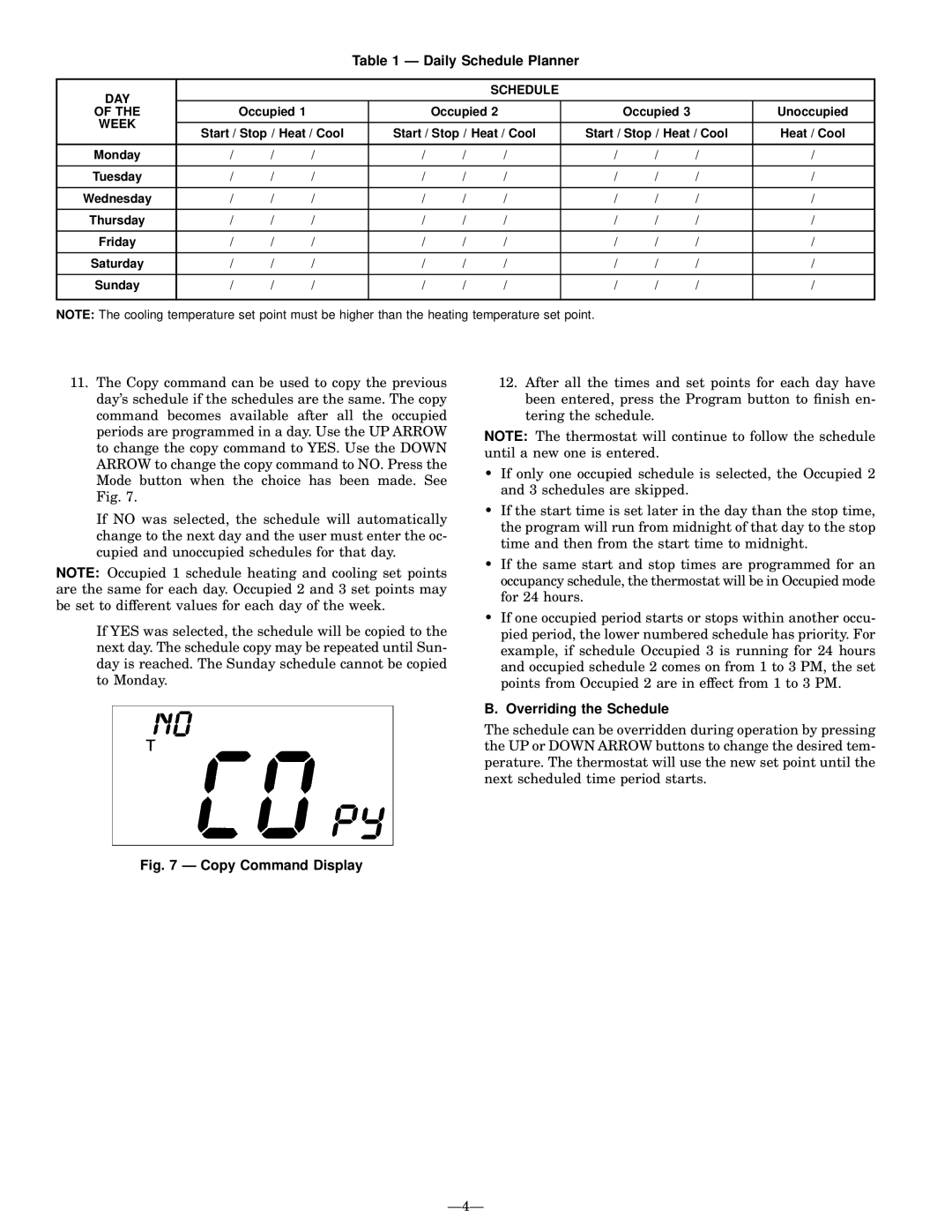 Bryant P/N TSTATBBP220-01 manual Daily Schedule Planner, Overriding the Schedule 