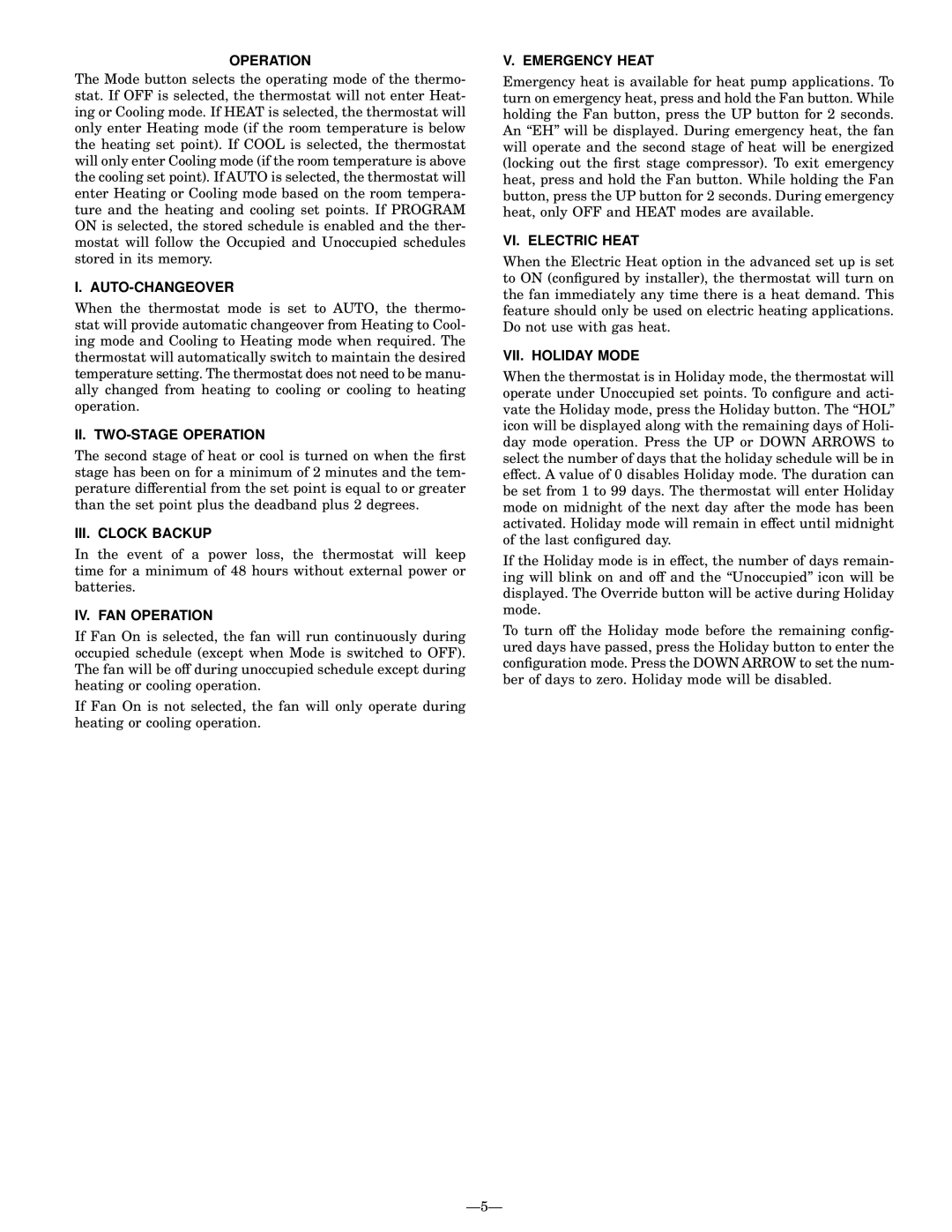 Bryant P/N TSTATBBP220-01 manual Auto-Changeover, II. TWO-STAGE Operation, III. Clock Backup, IV. FAN Operation 