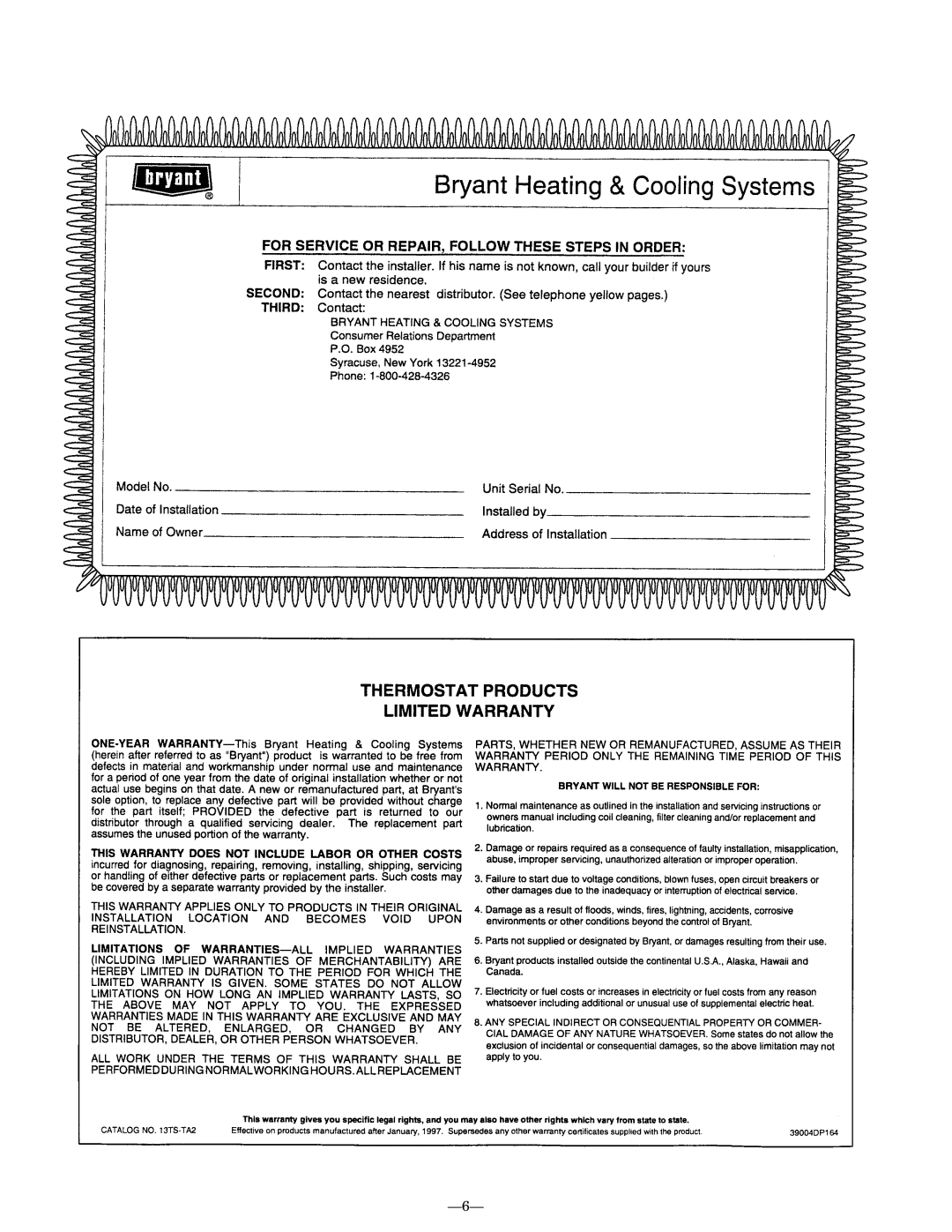 Bryant P/N TSTATBBP220-01 manual Ð6Ð 