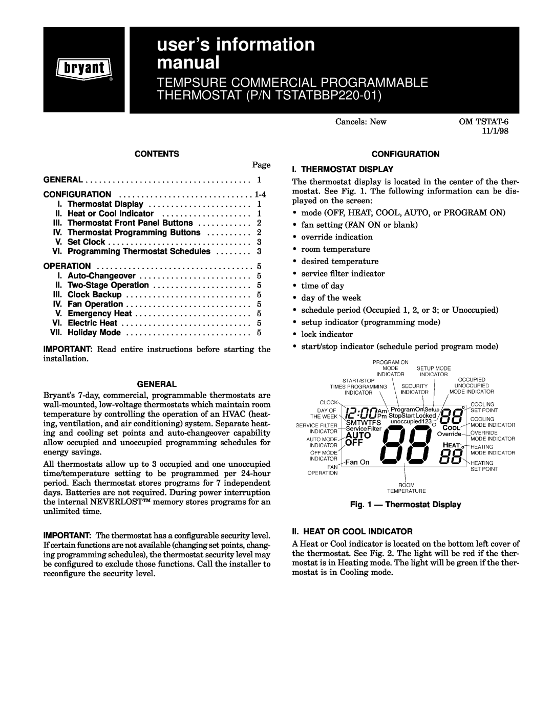 Bryant P/N TSTATBBP220-01 manual Contents, General, Configuration I. Thermostat Display, users information manual 