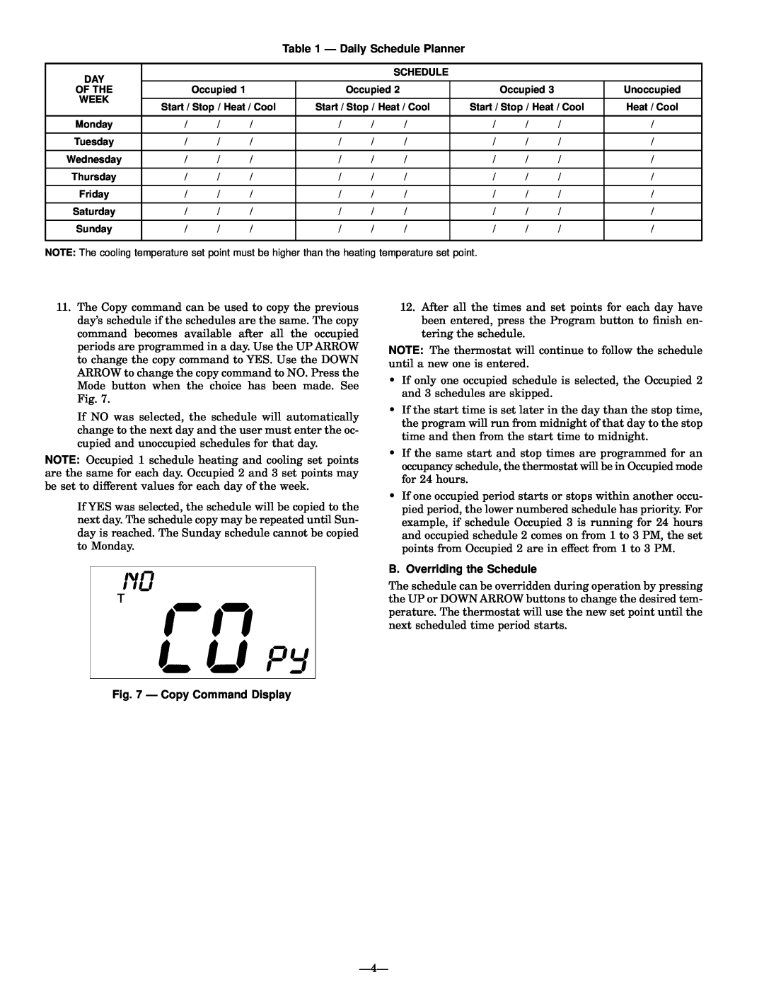 Bryant P/N TSTATBBP220-01 manual Ð Daily Schedule Planner, B. Overriding the Schedule, Ð Copy Command Display 