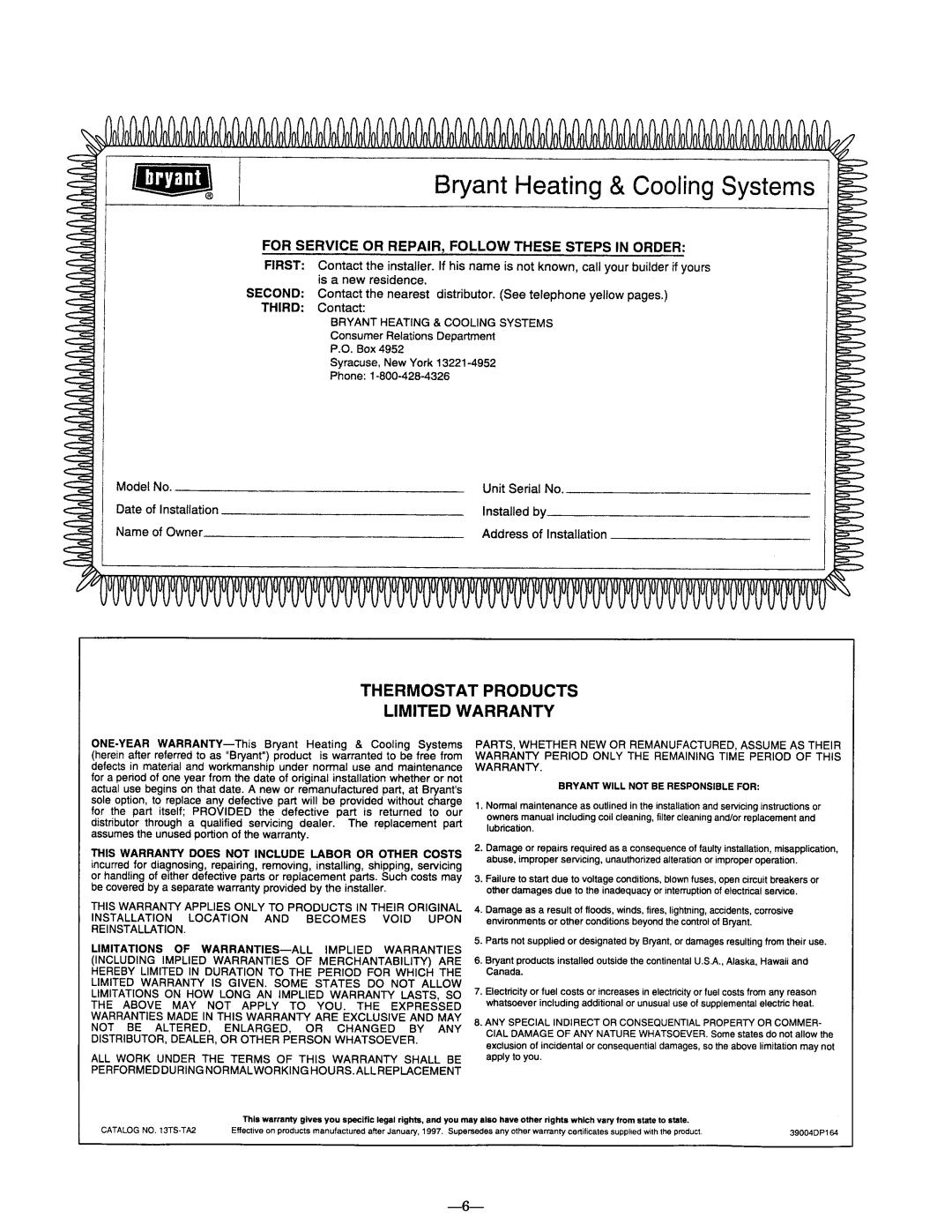 Bryant P/N TSTATBBP220-01 manual 