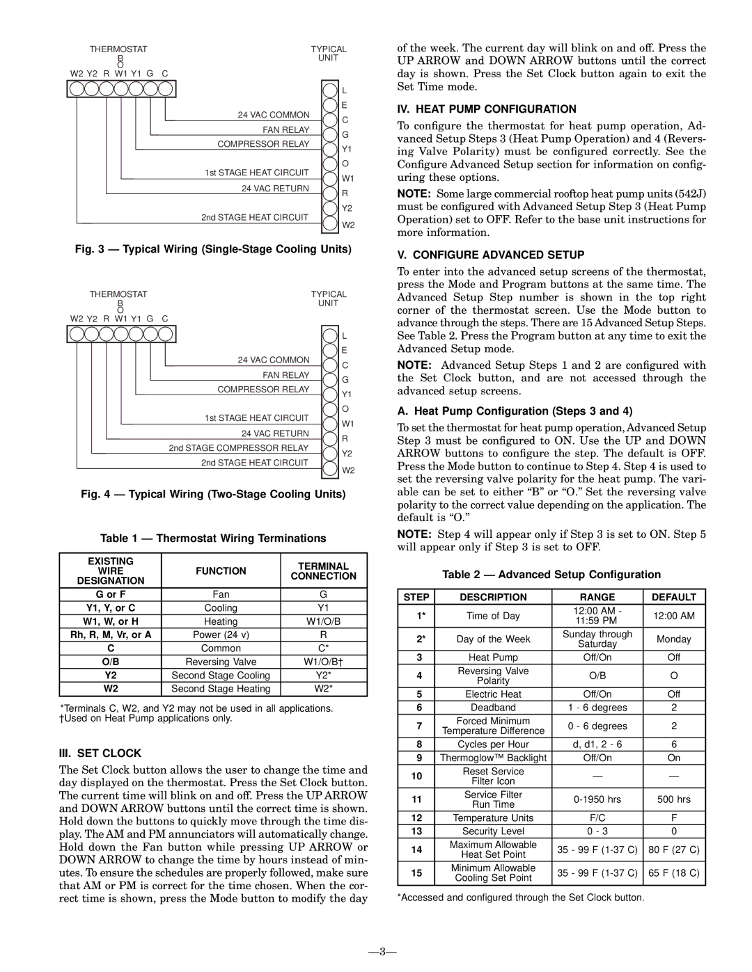 Bryant P/N TSTATBBP220-LA instruction manual III. SET Clock, IV. Heat Pump Configuration, Configure Advanced Setup 