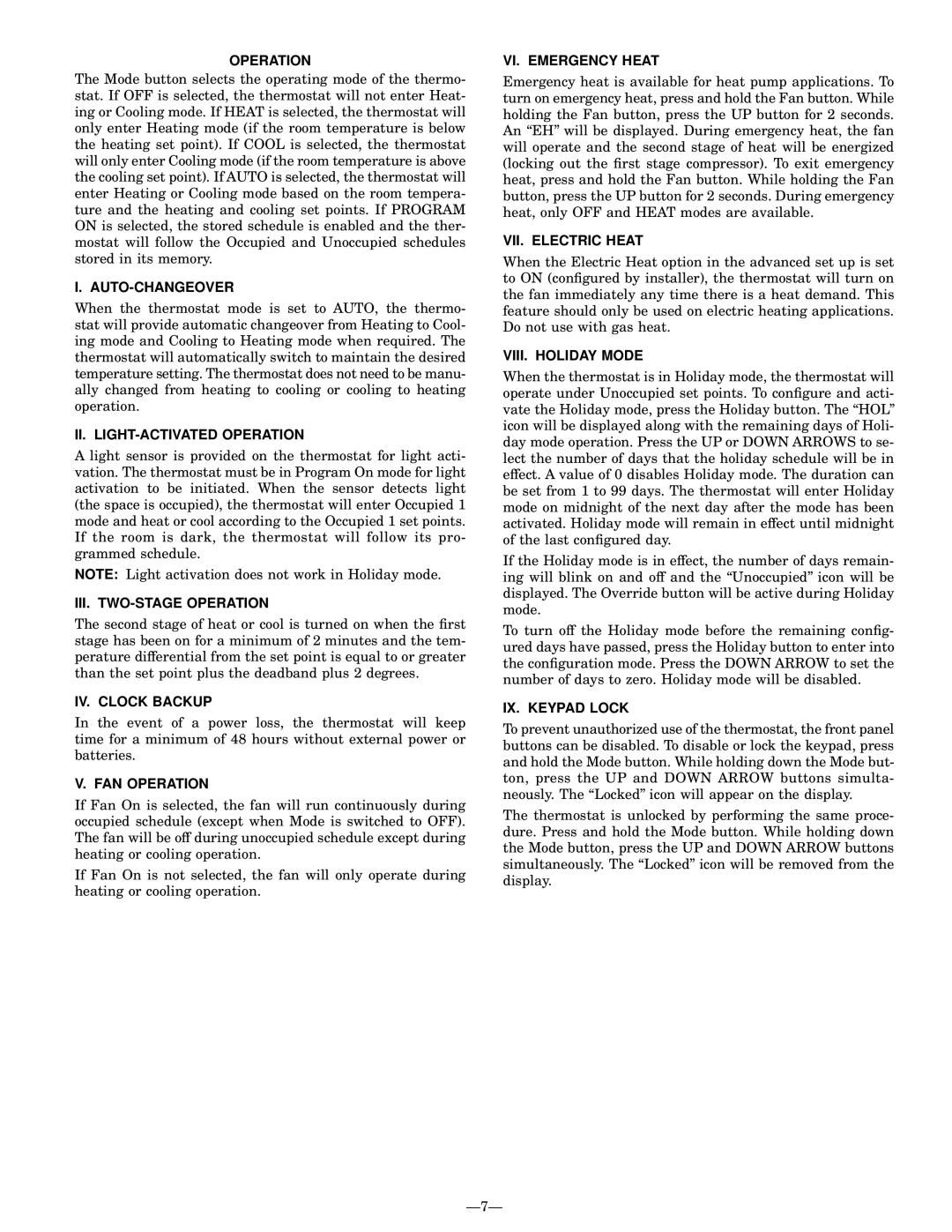 Bryant P/N TSTATBBP220-LA Auto-Changeover, II. LIGHT-ACTIVATED Operation, III. TWO-STAGE Operation, IV. Clock Backup 