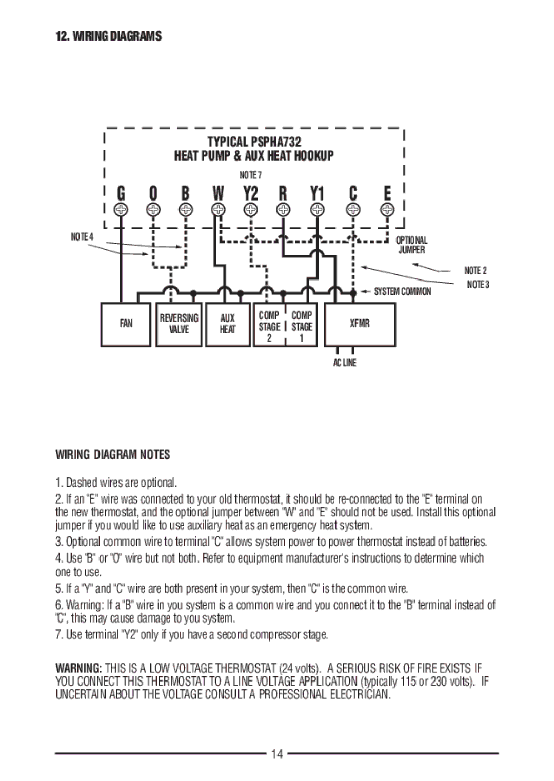 Bryant PSPHA732 warranty Wiring Diagram Notes, Dashed wires are optional 