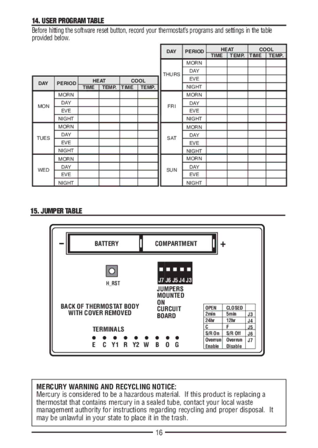 Bryant PSPHA732 warranty User Program Table, Mercury Warning and Recycling Notice 